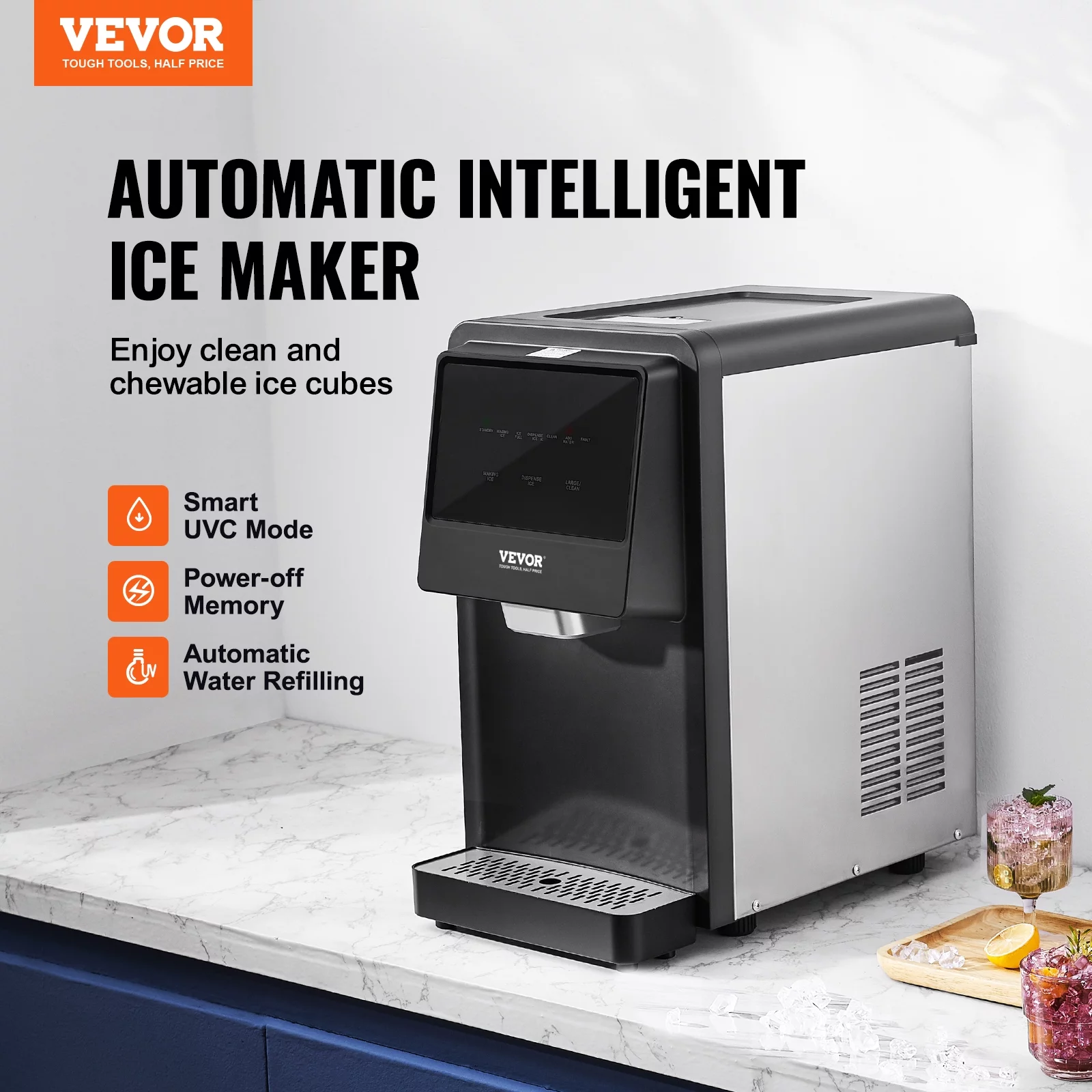 BENTISM Countertop Ice Maker 62lbs/24H Self-Cleaning with UV Function,Portable Ice Maker with Water Filling Pipe, Water Filter and Drainpipe