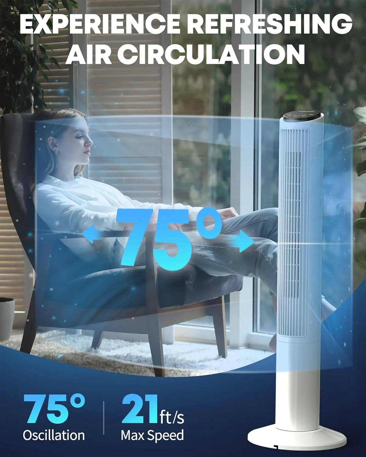 40 inch Tower Fan for Bedroom, 21ft/s Velocity Quiet Cooling Fan with Remote,Fans with 3 Speeds, 2 Modes, 15H Timer, Bladeless Fan, Standing Floor Fans, White,TF-K4007
