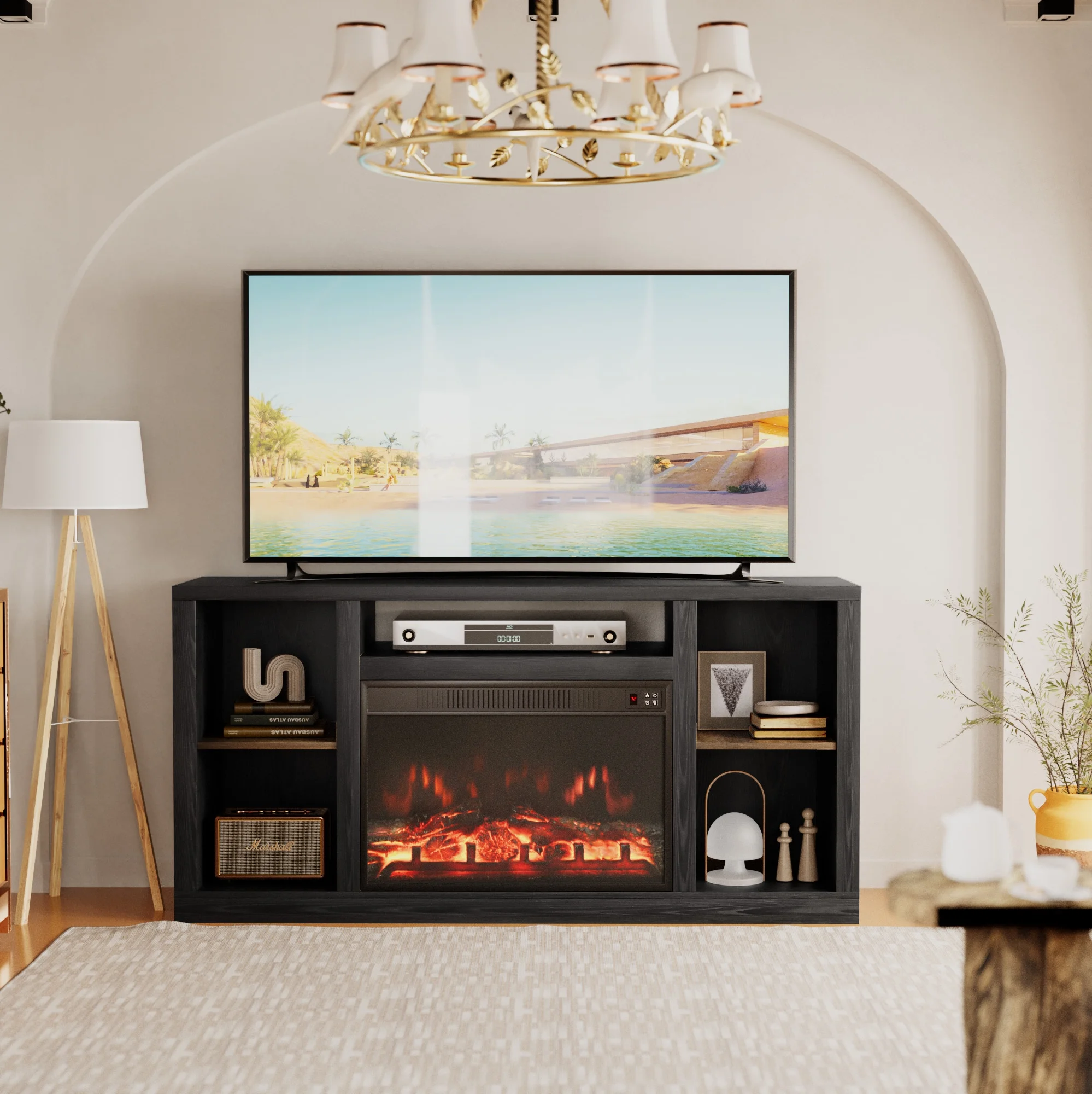 Homall 58 Inch Modern TV Stand with Electric Fireplace Shelf Media Storage TV Stand for TVs Up to 65