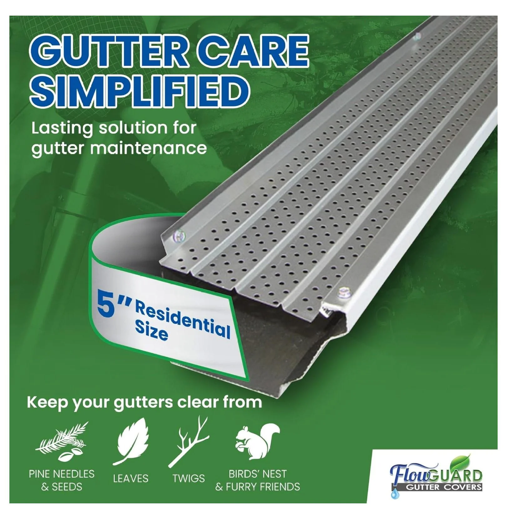 FlowGuard Premium 50-Year Gutter Cover System - Matte Aluminum - 5 Inch Aluminum Gutter Guards, 22 Feet - by MYXIO
