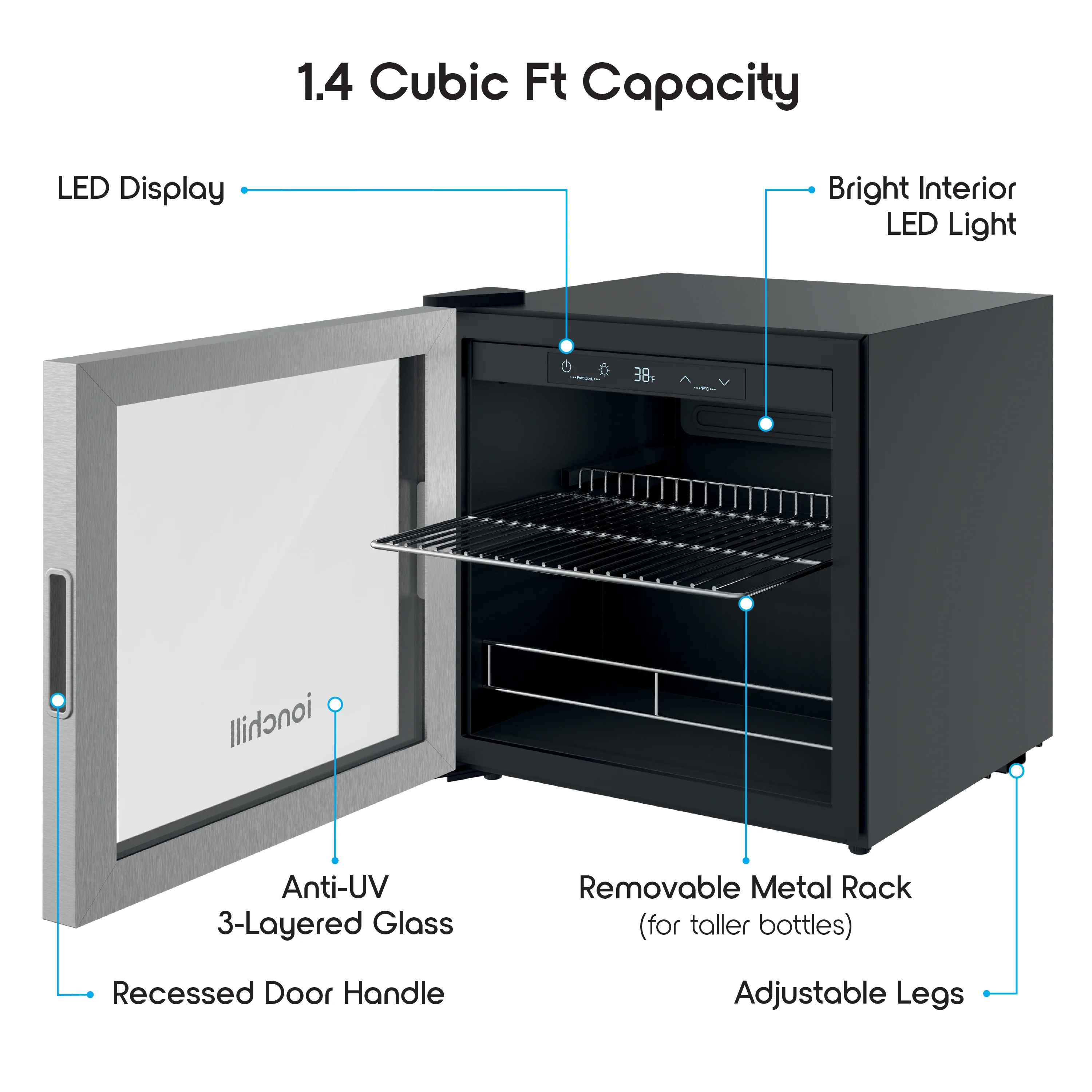 Ionchill 48-Can Mini Fridge, Compact Beverage Refrigerator with Smart Temperature Control & Standard Door, 1.4 Cu. ft., 17.3 in., New