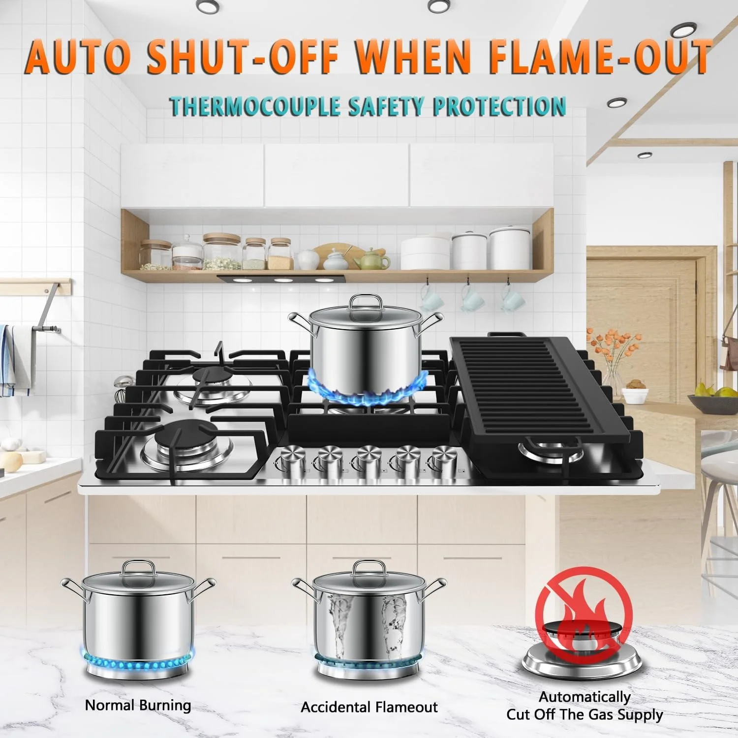 36 Inch Gas Cooktop with Griddle, Gas Stove Top with 5 Burners, Reversible Cast Iron Grill/Griddle, NG/LPG Convertible, with Thermocouple Protection, Stainless Steel