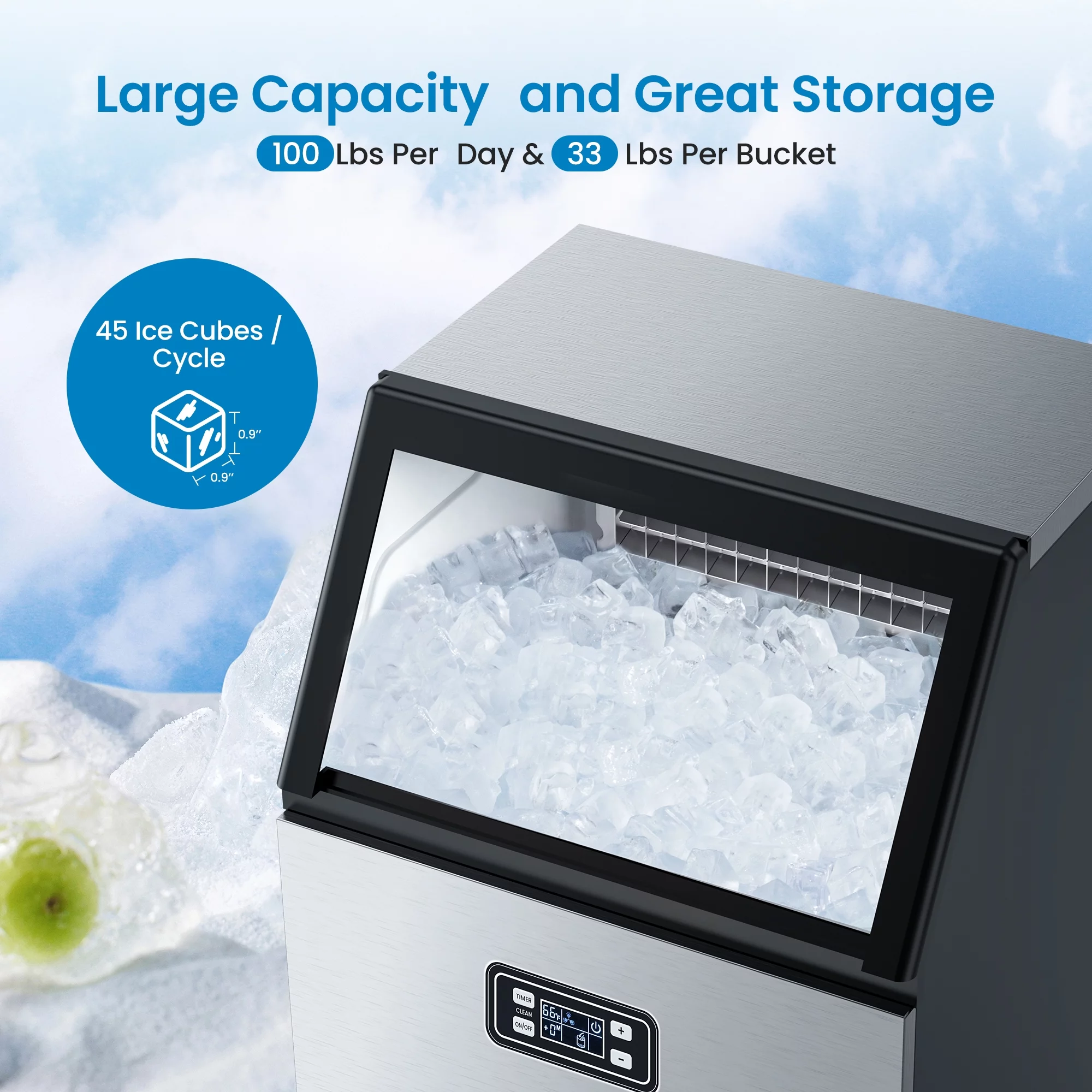 Commercial Ice Maker, 100LBS/24H Under Counter Ice Maker Machine with 33LBS Ice Bin, Self Clean, 24H Timer, Stainless Steel Freestanding Ice Machine for Home Offices Bar Coffee Shop