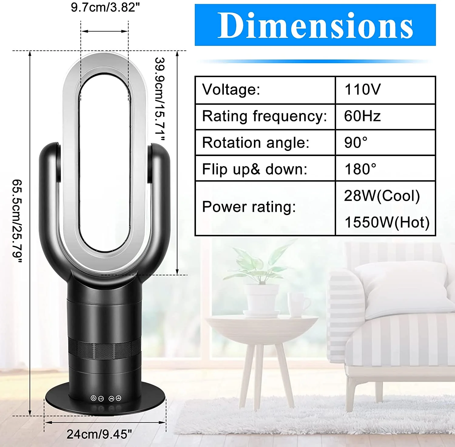 HealSmart 26'' Space Bladeless Tower Fan, Heater & Cooling Combo with Remote Control for Home