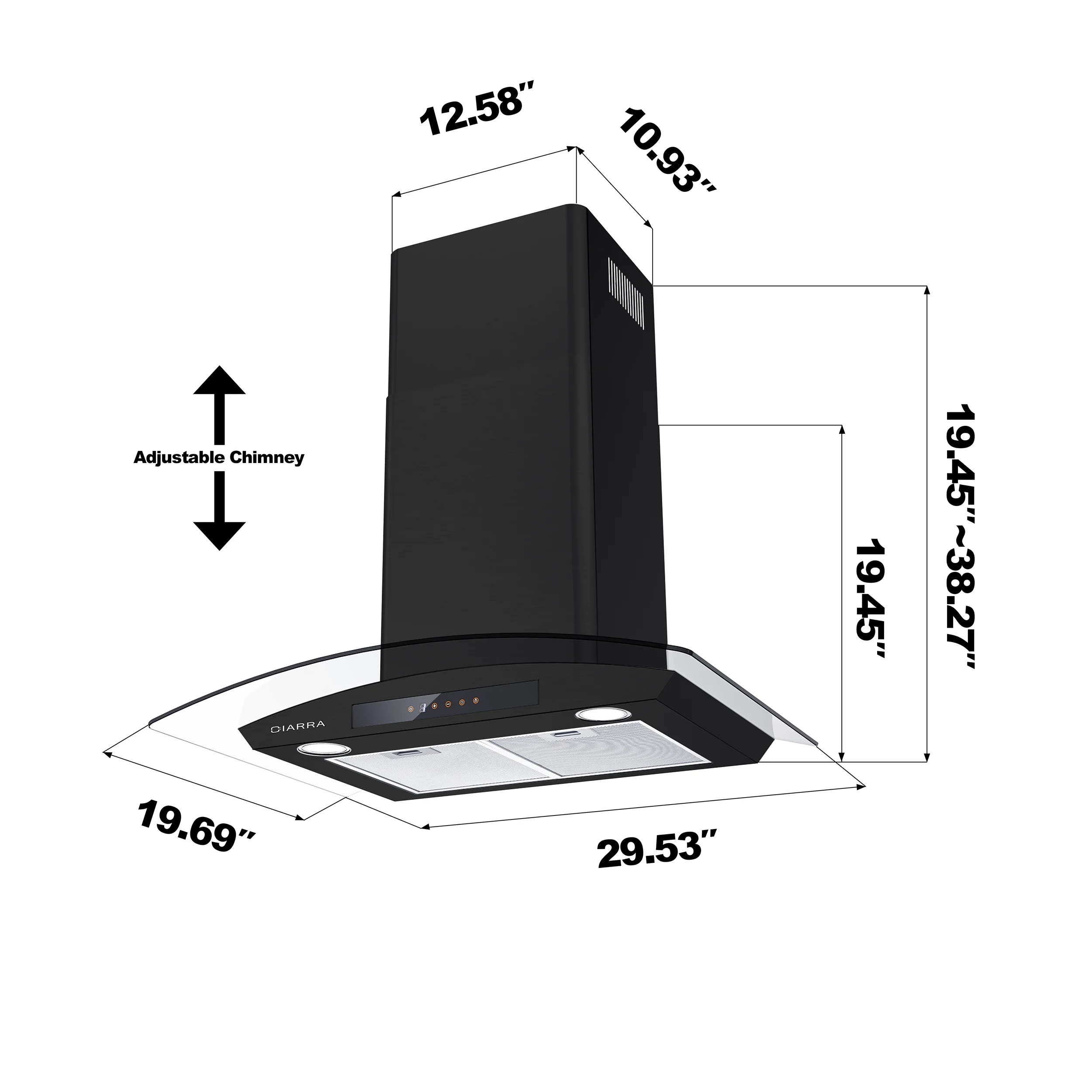 CIARRA Wall Mount Range Hood 30 inch Tempered Glass Black Vent Hood with Carbon Filter Kit for Recirculating CAB50275-003