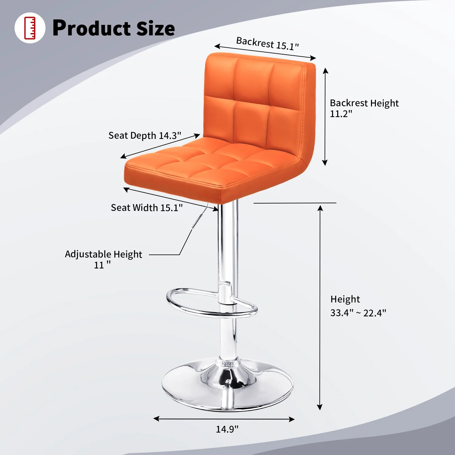 Homall Barstool Set Of 2 PU Leather Height Adjustable Swivel Bar stools, Hydraulic Kitchen Counter Square Island Bar Stool With Back,Orange