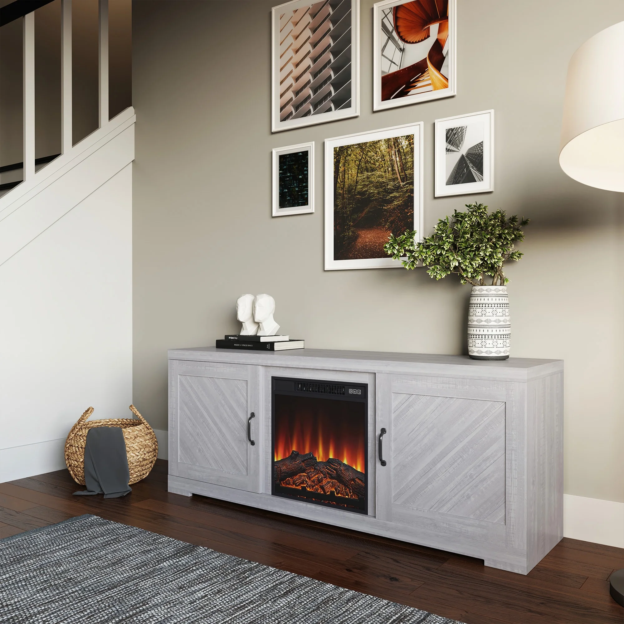BELLEZE 58' Farmhouse TV Stand Media Entertainment Center For TVs up to 65' with 18' Fireplace - Hilo (Stone Grey)