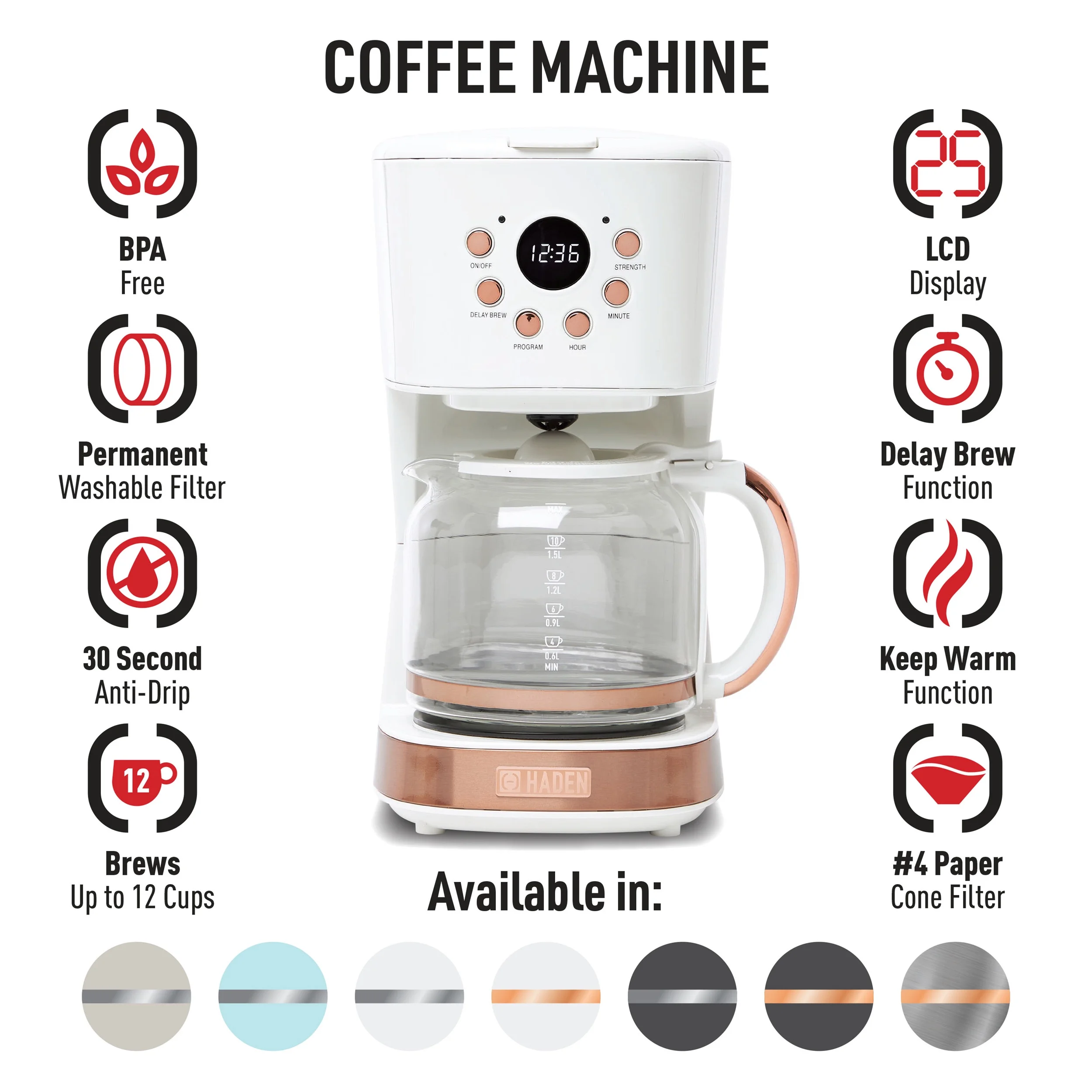 Haden 12-Cup Programmable Coffee Maker, Ivory / Copper - 75092