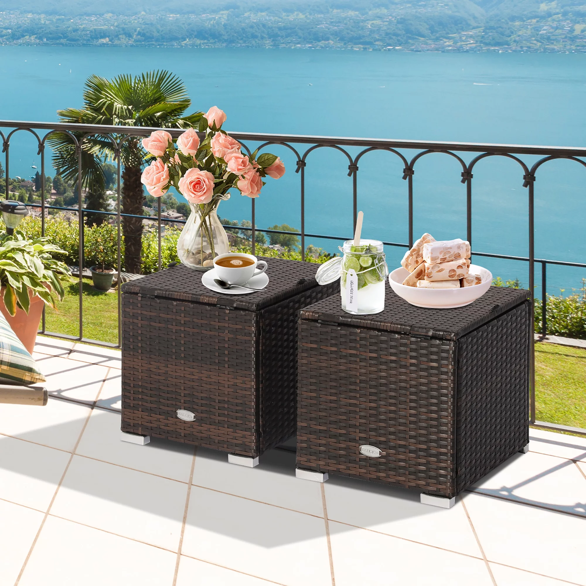 Costway 2PCS Patio Rattan Ottomans Seat Side Table Storage Box Footstool Turquoise