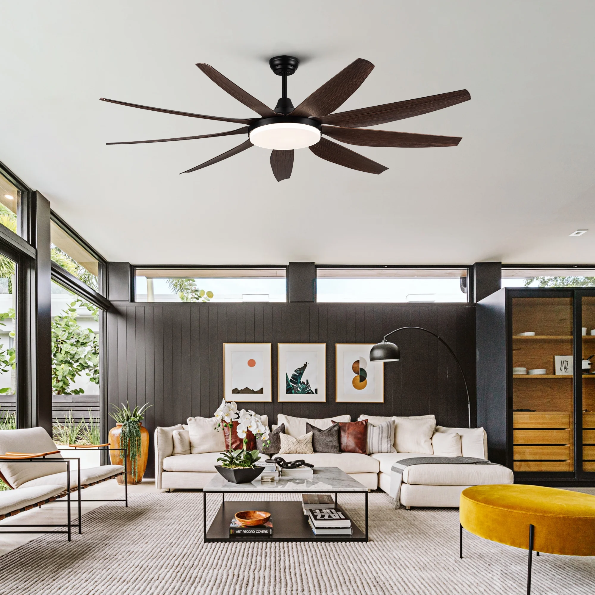 72 In. Integrated LED Indoor Brown Lighting Ceiling Fan with 9 Brown Blades