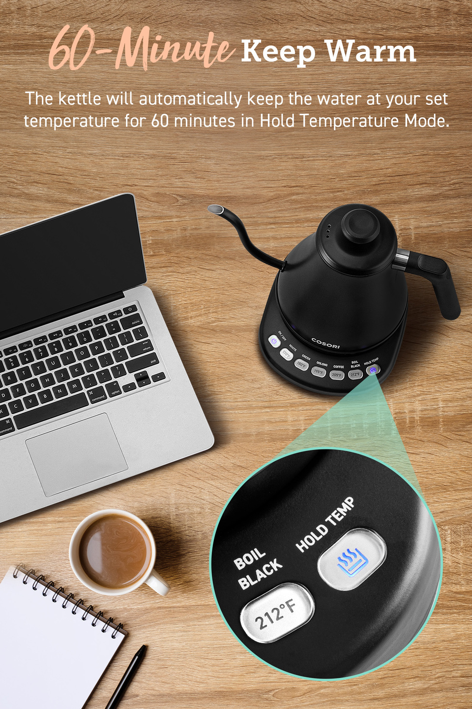 COSORI Gooseneck Kettle Electric for Pour-Over Tea & Coffee with Temperature Control, Stainless Steel, 0.8L, Black