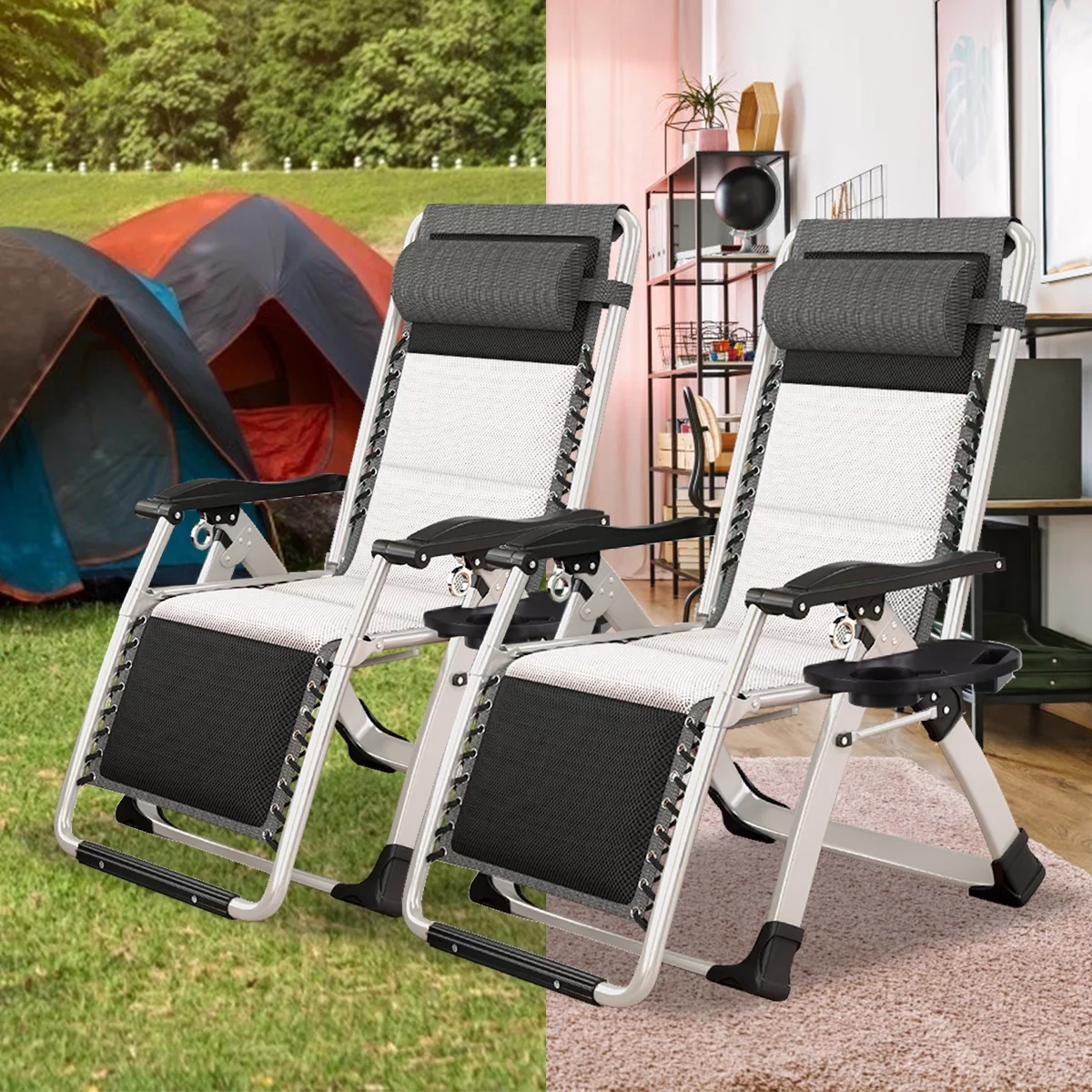 ABORON Zero Gravity Chairs Set of 2, Folding Recliner Lounge Chair, Portable Chaise with Cup Holder & Headrest for Indoor,Outdoor