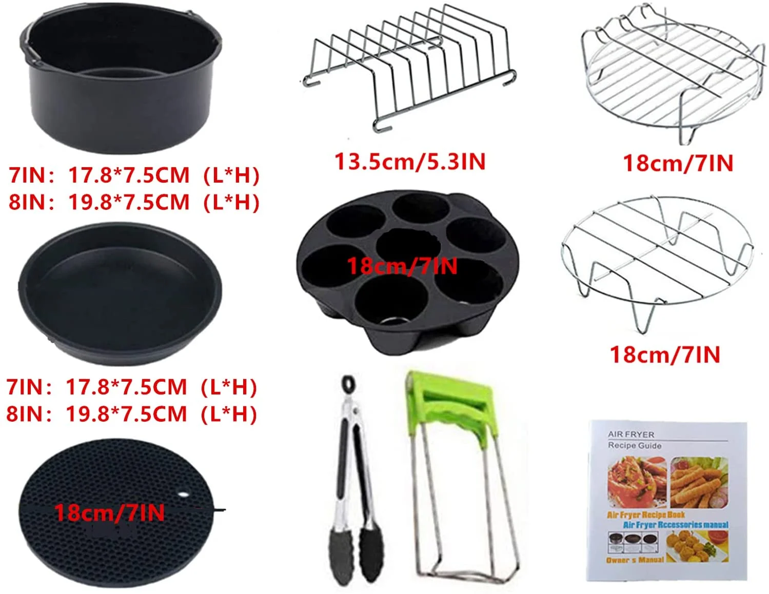 Air Fryer Accessories 10-Piece 7 Inch Set Fits Air Fryer 5.2-5.8 Qt, With Nonstick Coating,Machine Washable(19.8Cm, Black)