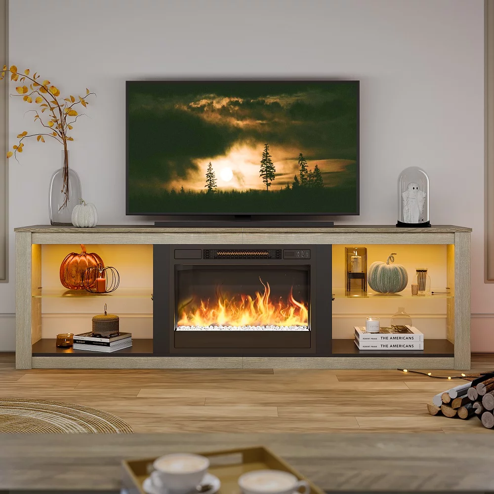 Bestier Modern Electric Fireplace TV Stand for TVs up to 75' with LED Light in Wash White+Grey
