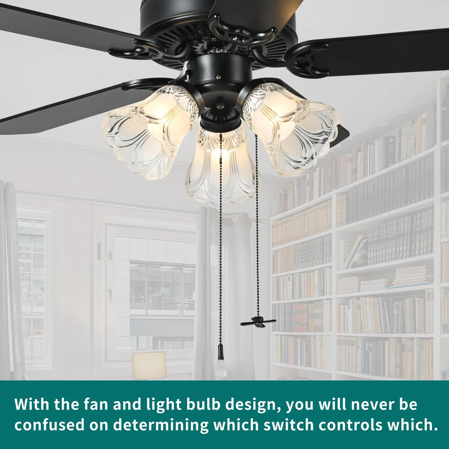 42 Inch Indoor Ceiling Fan with Pull-Chain and Three LED Light Bulbs Base, Traditional 3-Speeds Reversible Blades Ceiling Fan (Black)