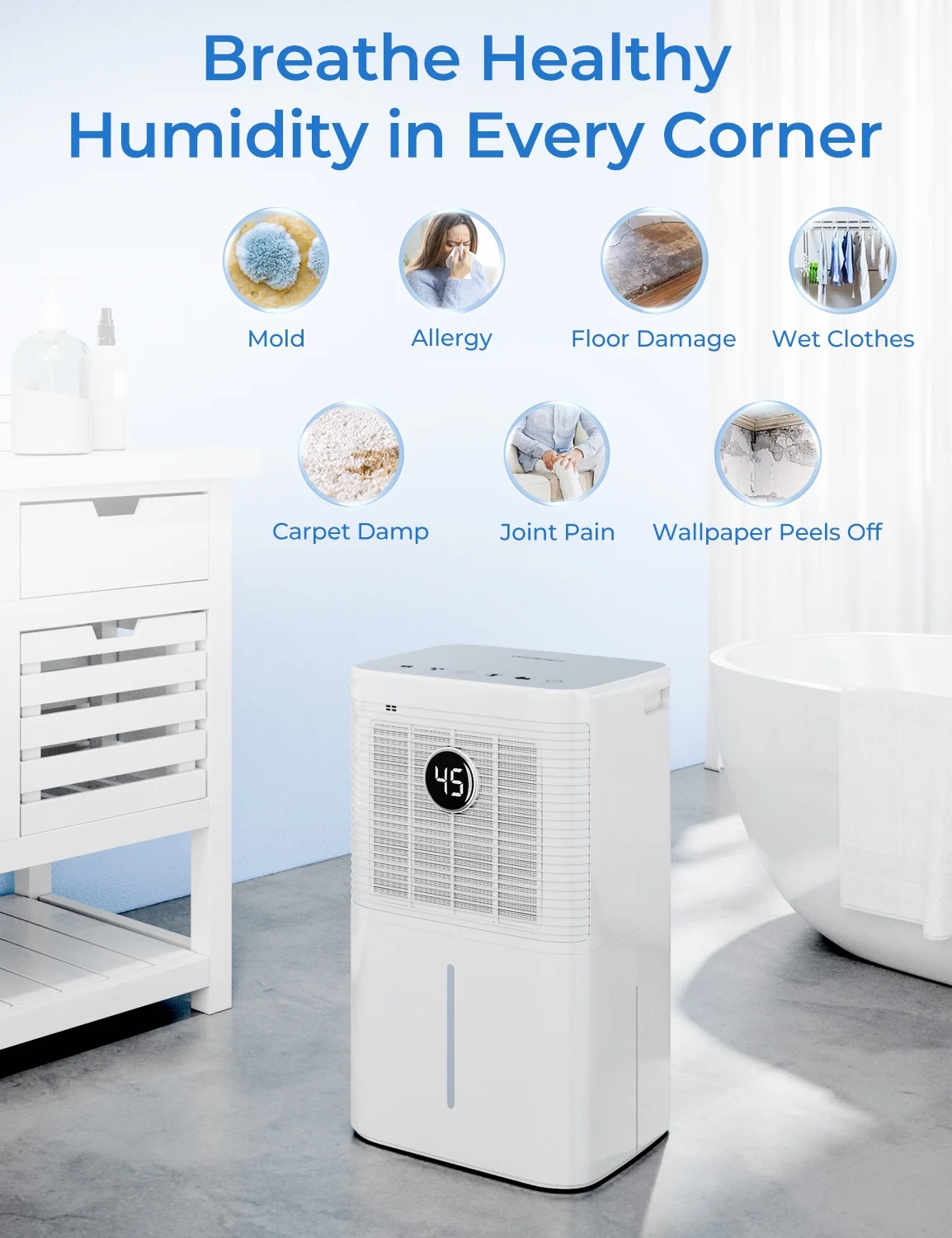 HOGARLABS 25 Pint 2000 Sq.Ft Dehumidifiers for Home Basements, with Continuous Drain Hose Intelligent Humidity Control