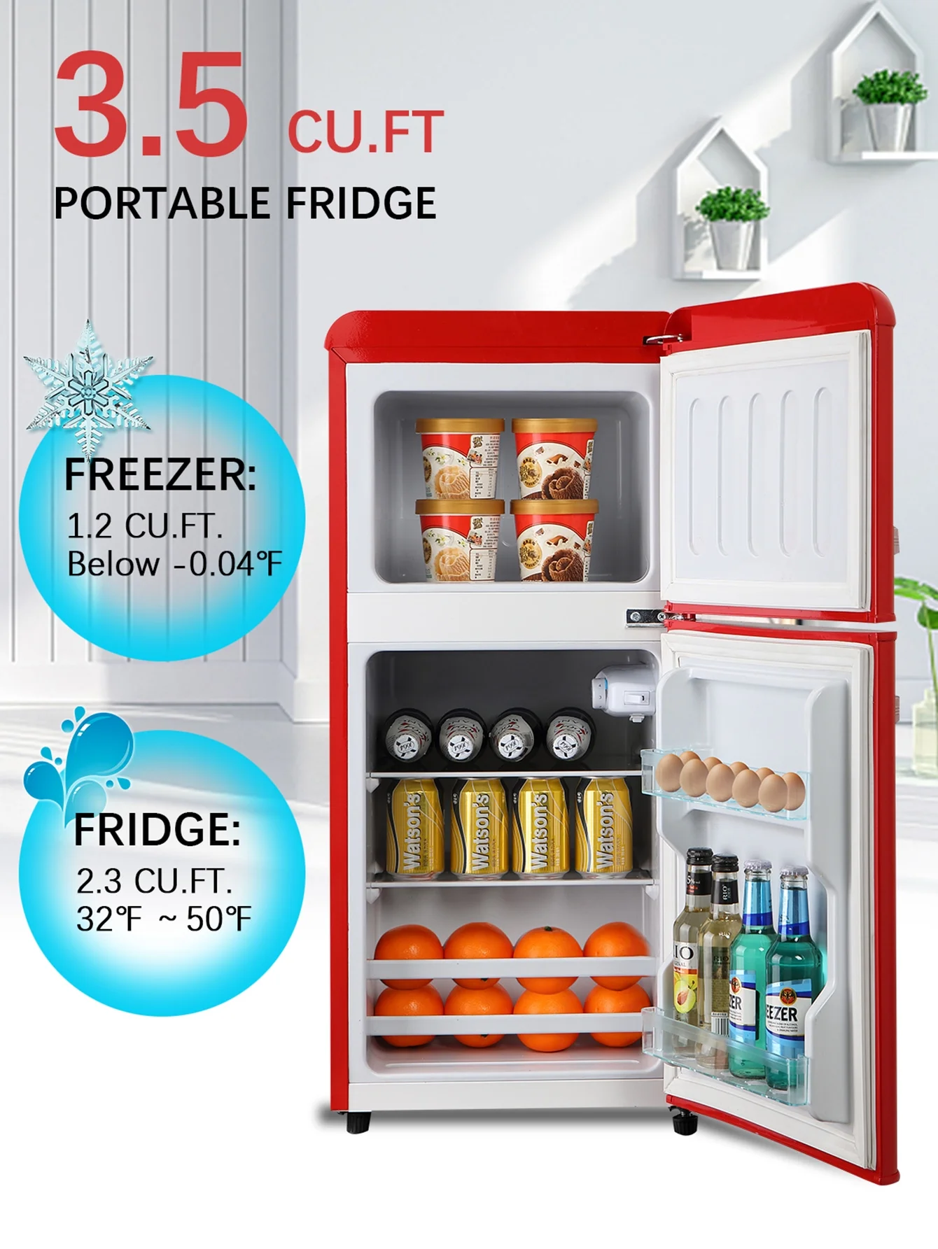 KRIB BLING 3.5 Cu.ft Mini Fridge with 7 Level Thermostat, Compact Refrigerator with Freezer on Top, Ideal for Dorm, Office, Red