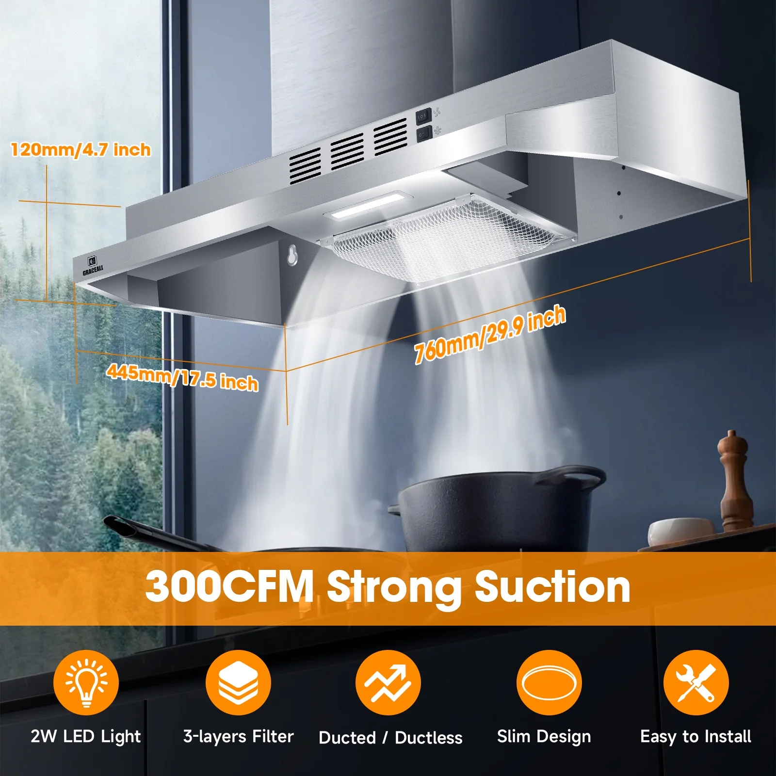 GRACEALL Under Cabinet 30 Inch Range Hood - Ductless Vent Hood Convertible to Ducted, Stainless Steel Kitchen Stove Extractor, Oven Exhaust Fan with Reusable Aluminum Filters and Charcoal Filter