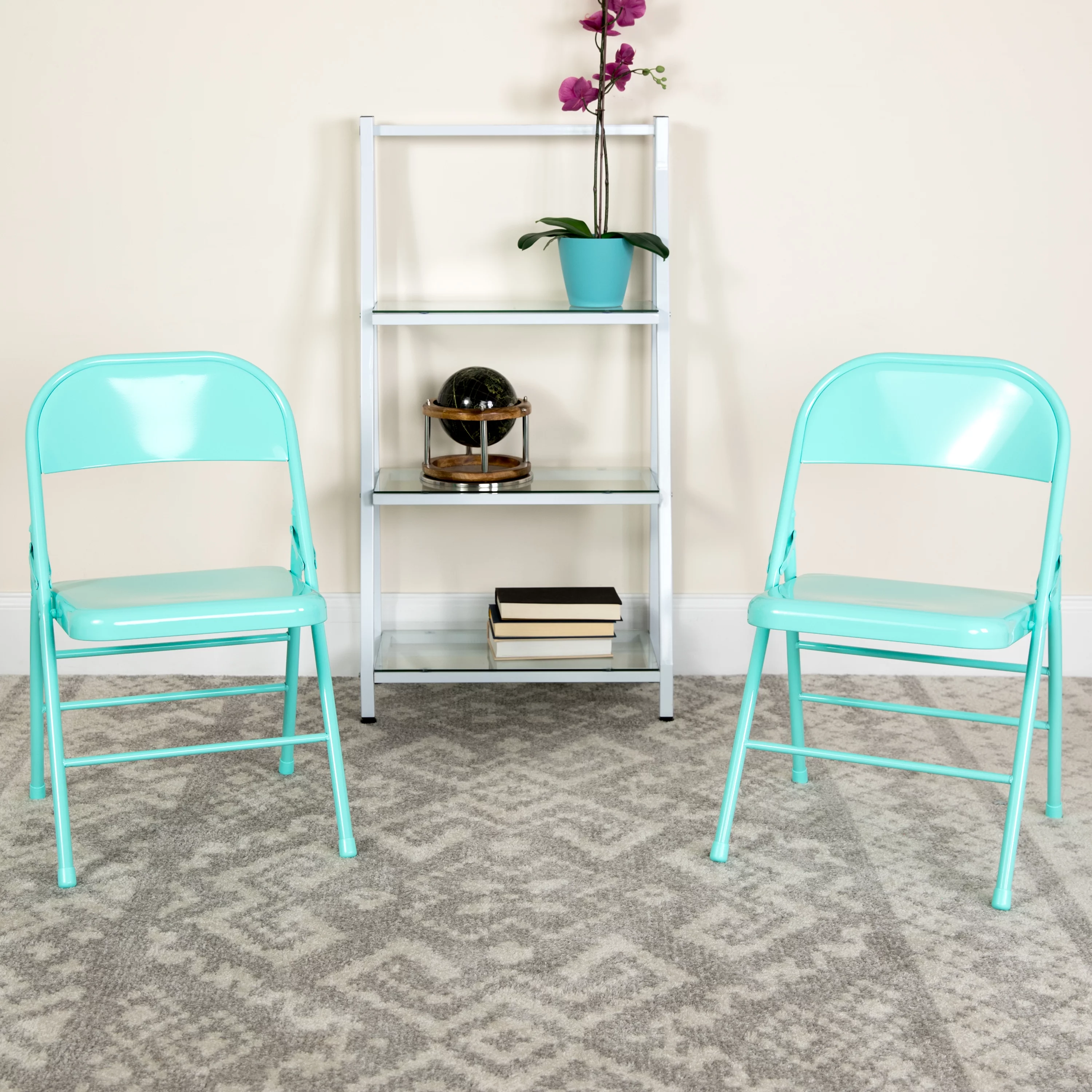 Flash Furniture 2 Pack HERCULES COLORBURST Series Tantalizing Teal Triple Braced & Double Hinged Metal Folding Chair