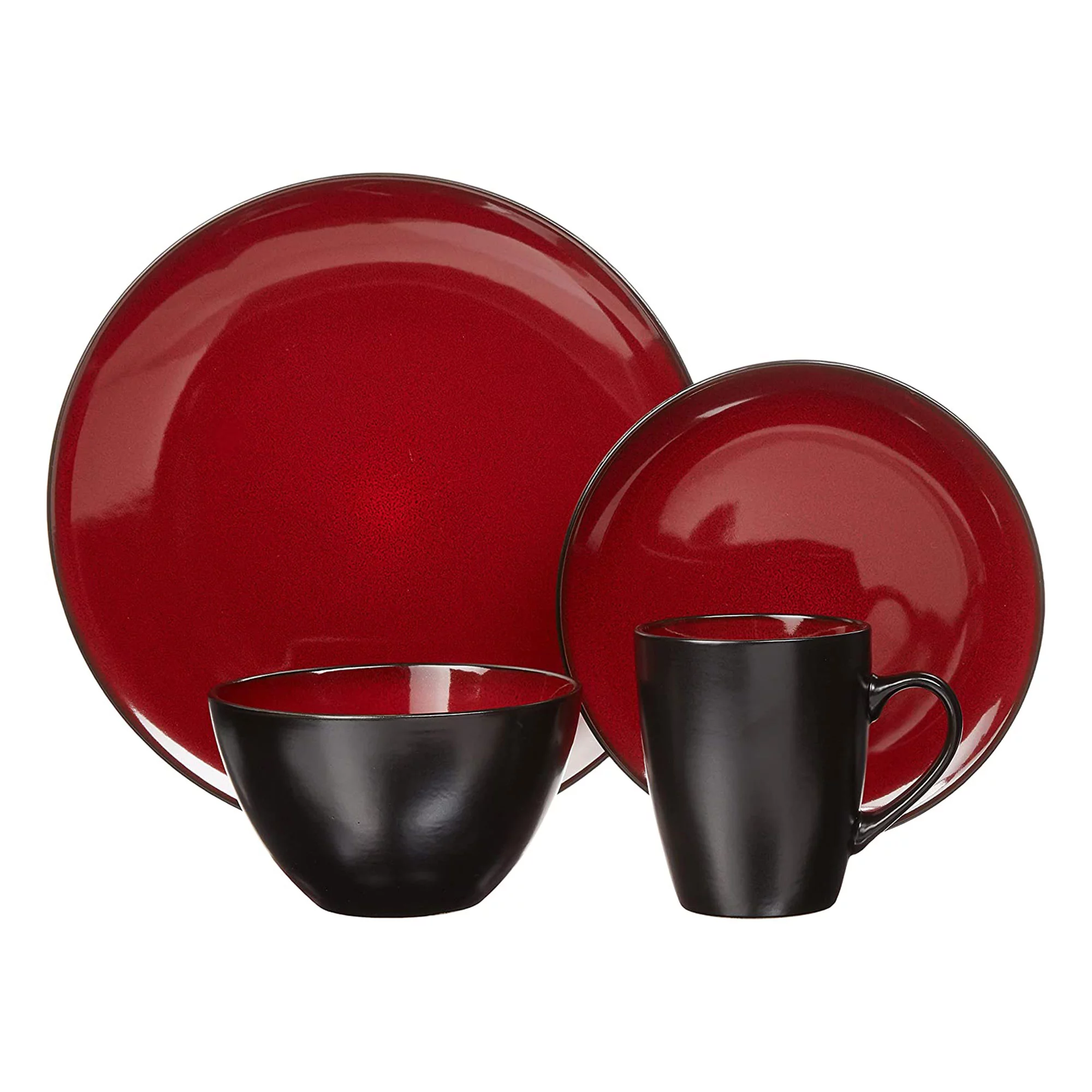 Gibson Soho Lounge 16 Piece Round Glaze Dinnerware Plates, Bowls, Mugs, Red