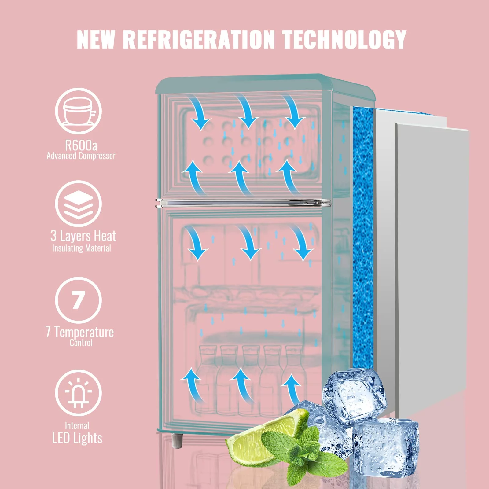 3.5 Cu.ft Compact Refrigerator WANAI Dual Doors Mini Fridge with Freezer Blue Removable Glass Shelves