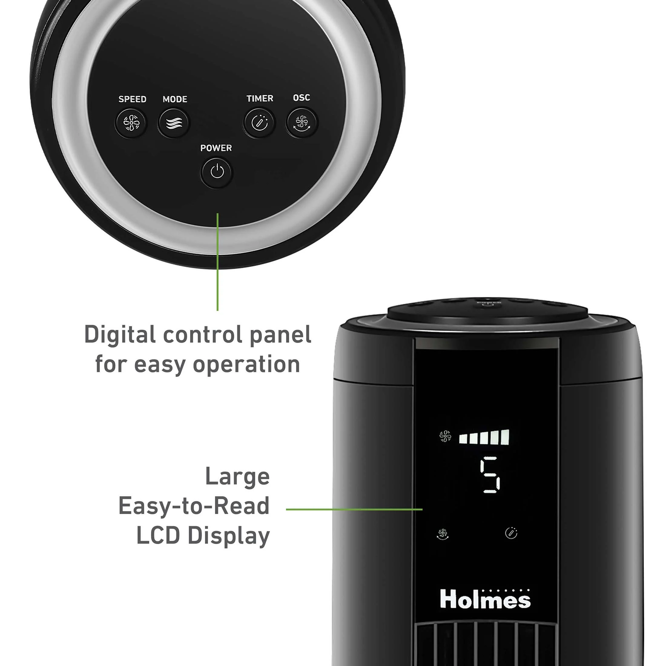 Holmes 42' 5-Speed Clear-Read Display Oscillating Digital Tower Fan, Remote Control, Black