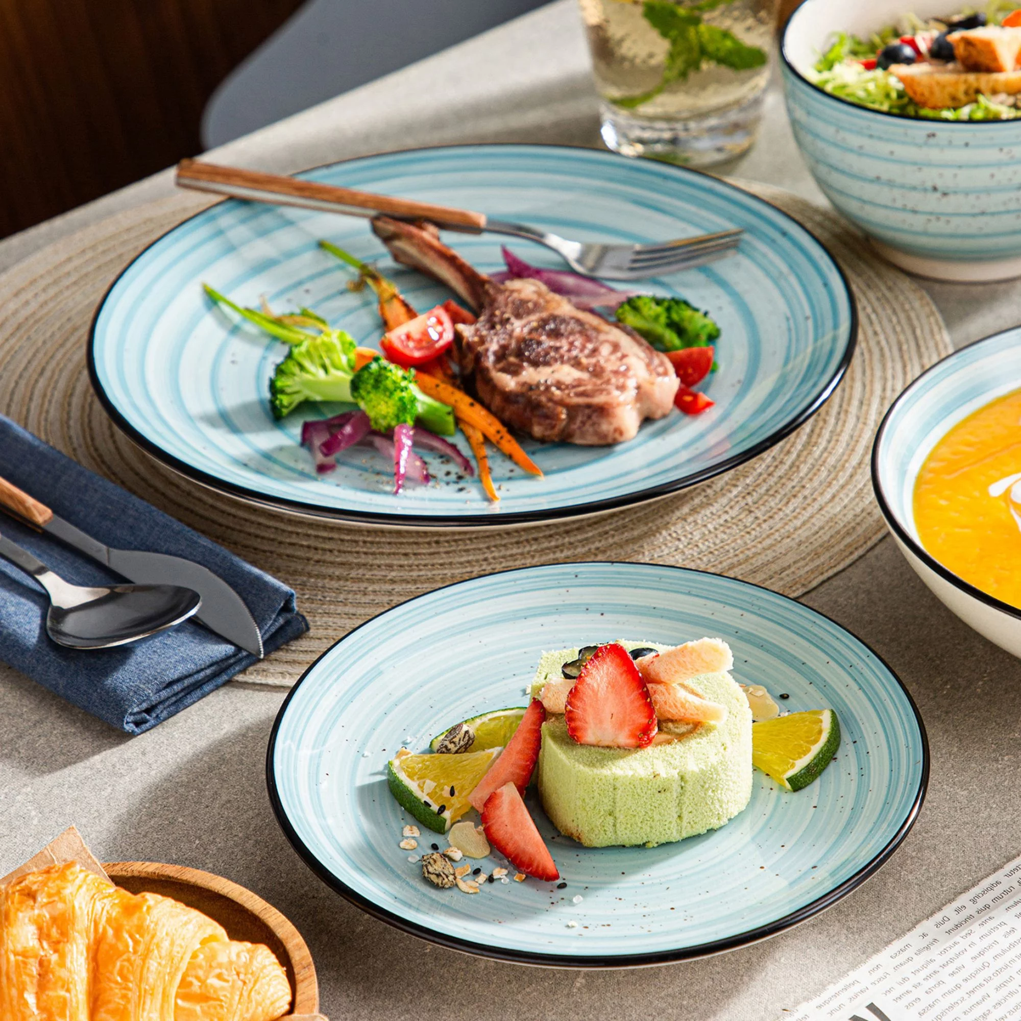 24-Piece Stoneware Dinnerware Set, Blue Dinner Set, Service for 6