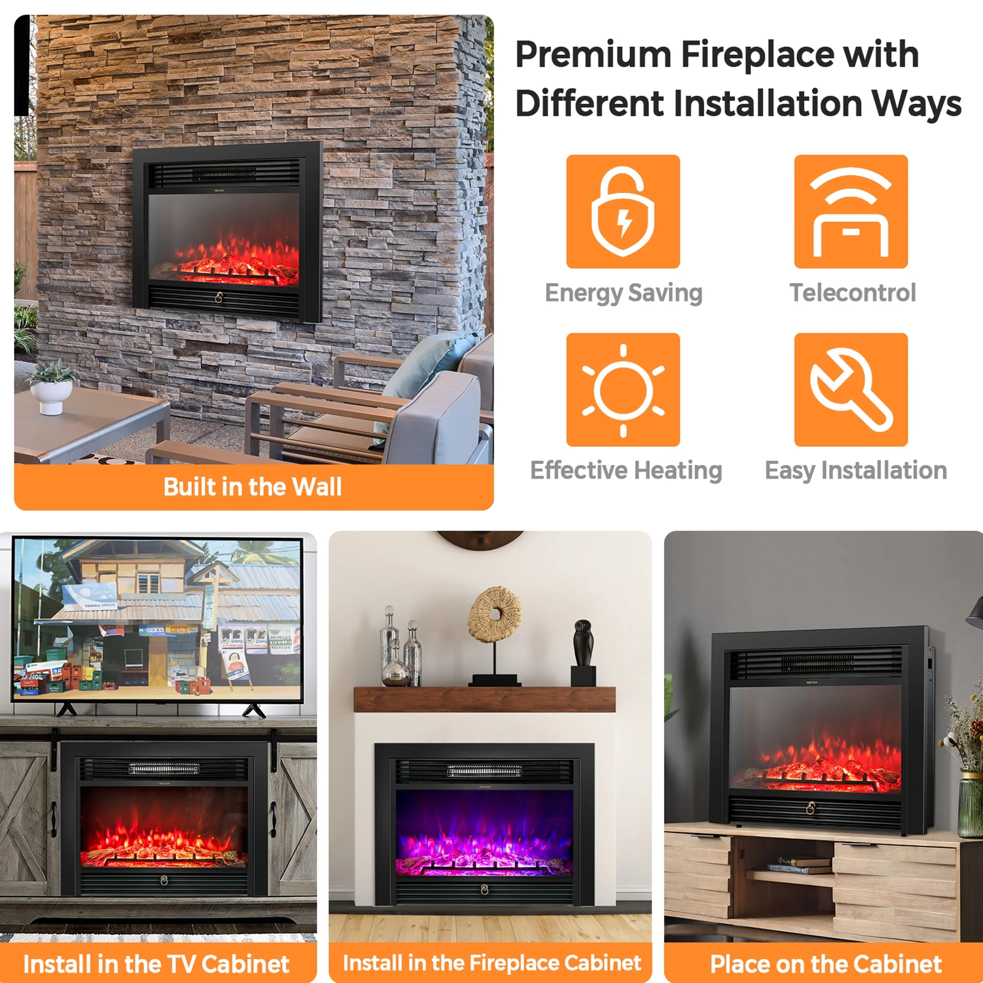 28.5'' Fireplace Electric Embedded Insert Heater Glass Log Flame Remote