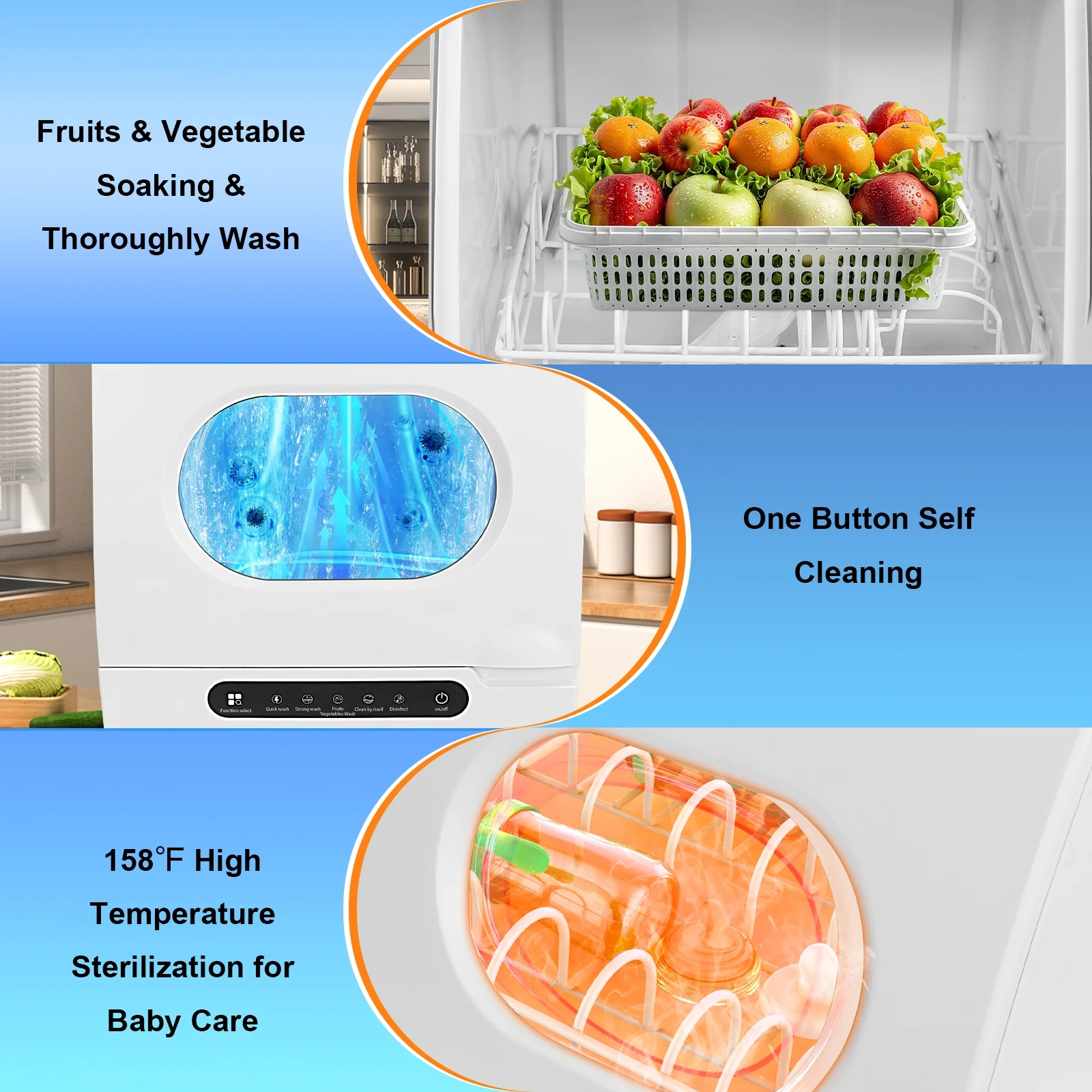 AMONSEE Smart Countertop Dishwasher 360�� Rotating Spray 158�H��C with 5 Functions Automatic Water-Lifting & Drainage