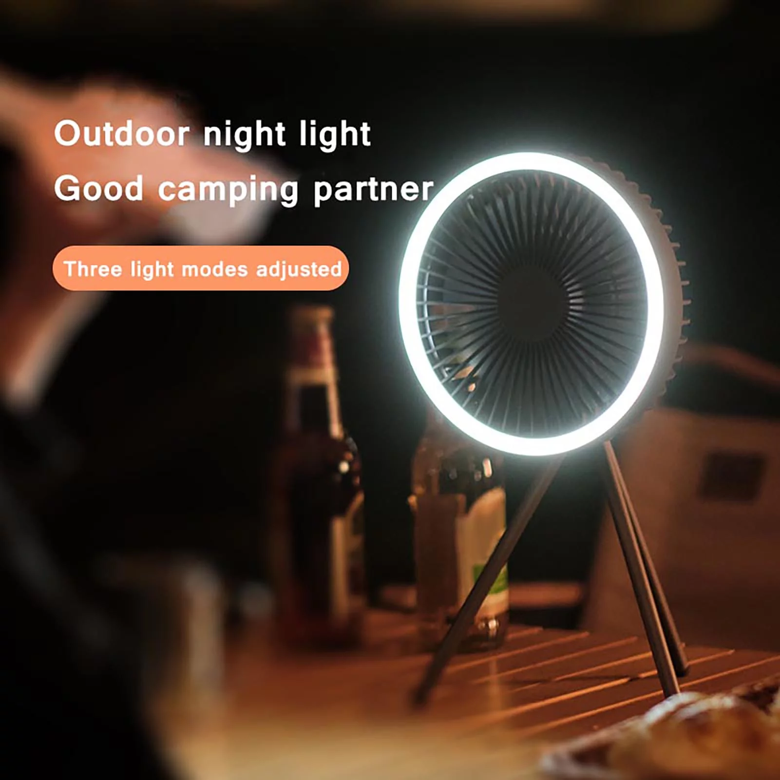 Frogued 10000mAh Tripod Fan Battery Operated Rechargeable 3-speed Ring Night Light Desk Fan for Camping (White)
