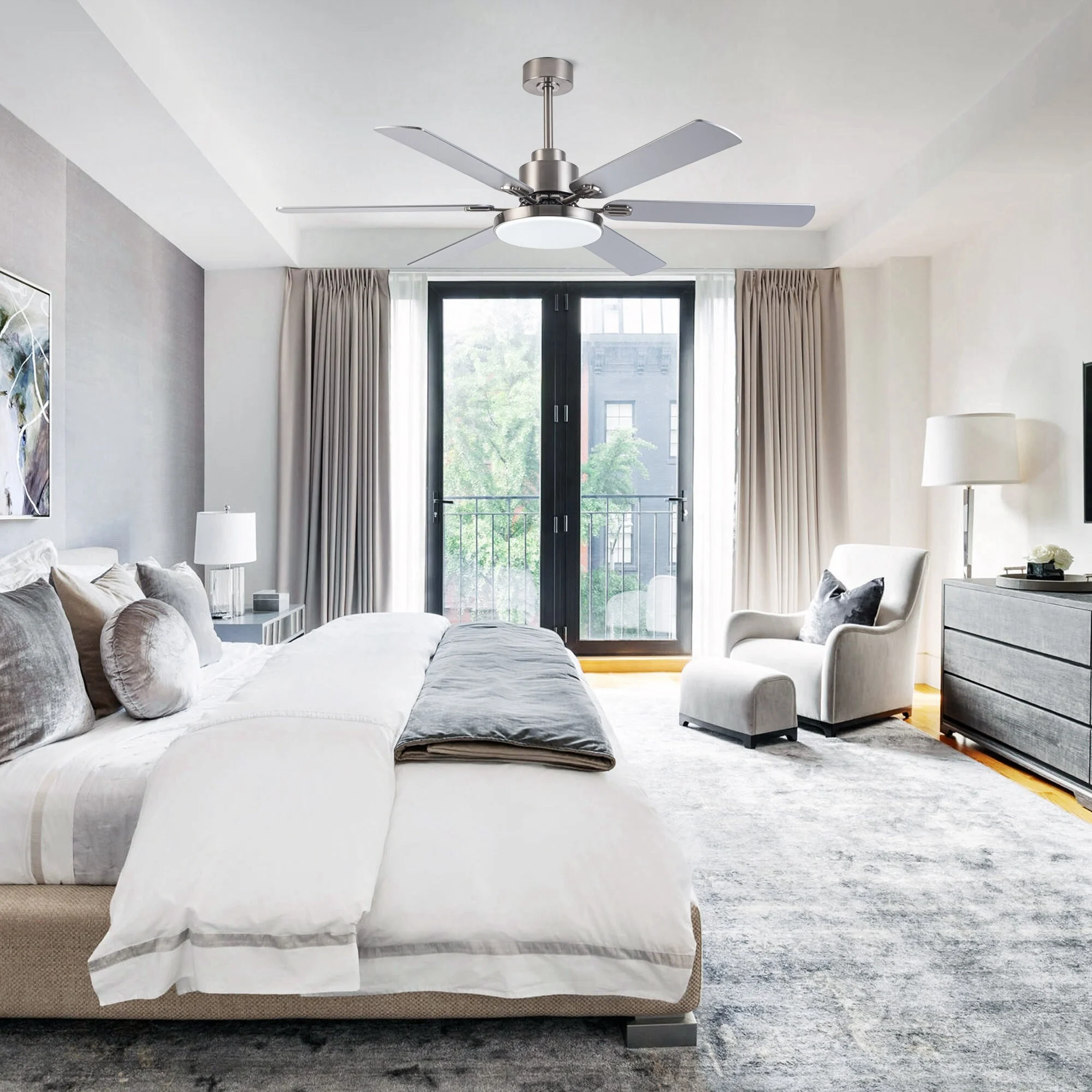 60-in Modern 6-Blade Dimmable LED Ceiling Fan with Light and Remote Brushed Nickel