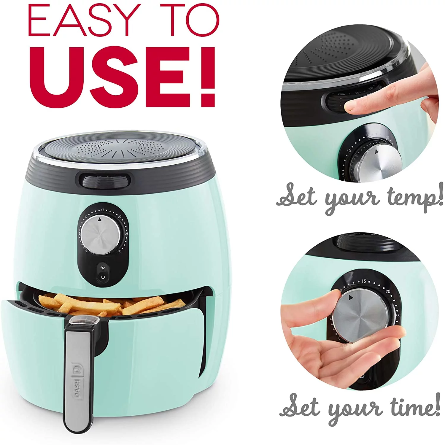 DASH DMAF355GBAQ02 Deluxe Electric Air Fryer + Oven Cooker with Temperature Control, Non Stick Fry Basket, Recipe Guide + Auto Shut off Feature, 3qt, Aqua