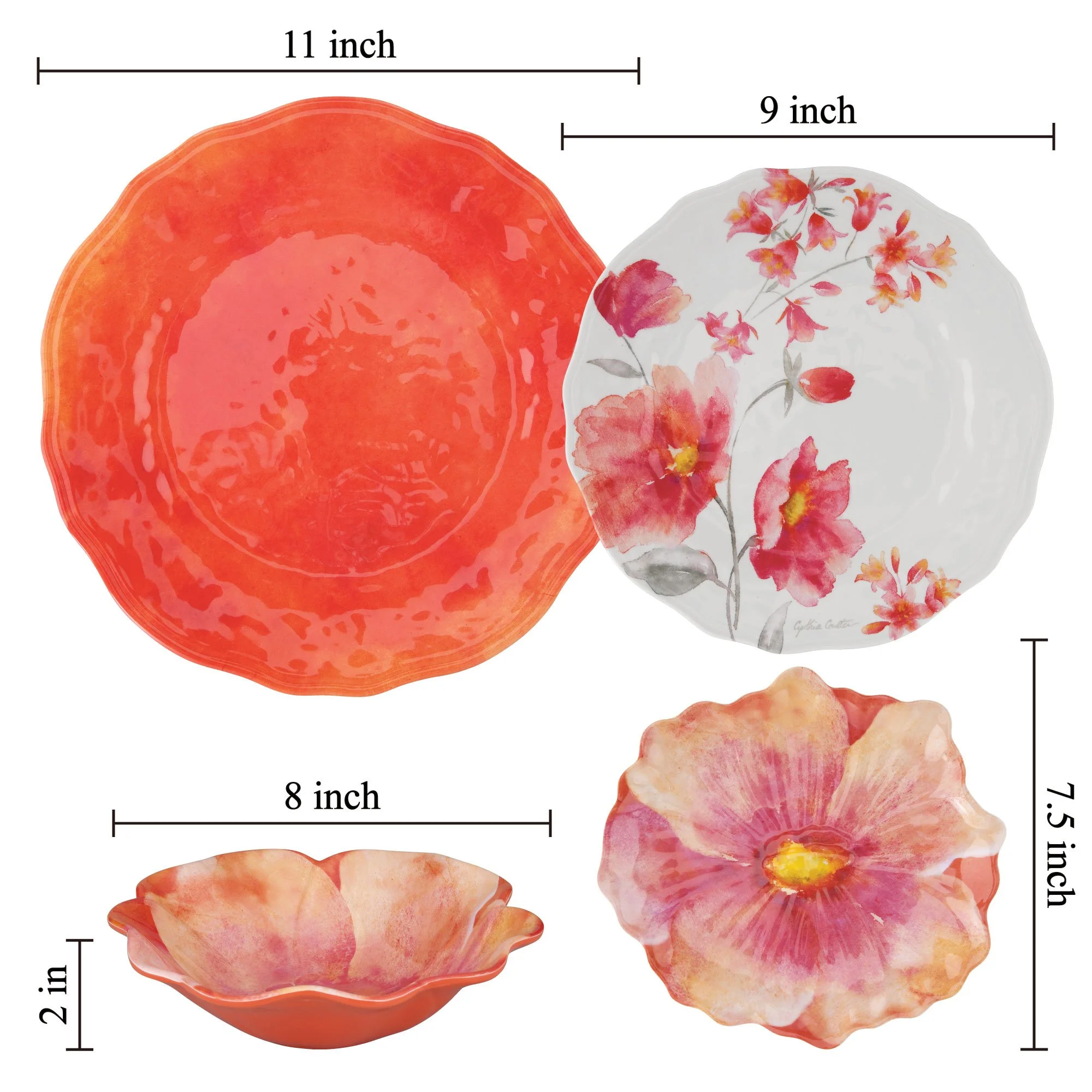 Gourmet Art 16-Piece Tiger Lily Heavyweight and Durable Melamine Dinnerware Set, Service for 4. Includes Dinner Plates, Salad Plates, Dessert Plates and Bowls, Everyday Use.