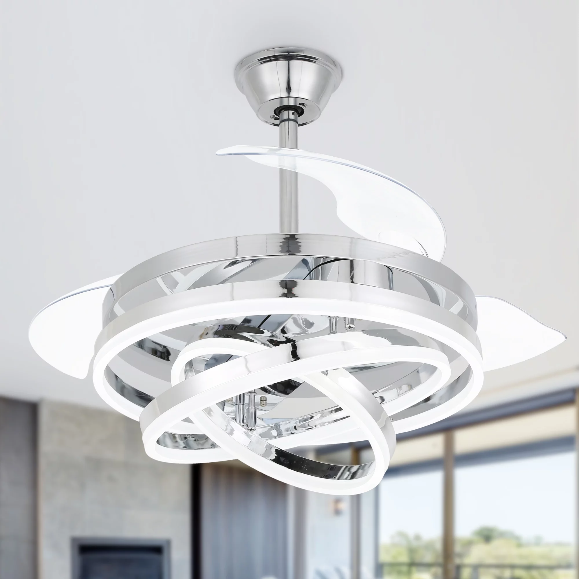 36Inch Modern Indoor Reversible Ceiling Fan with LED Light, 3 Color 6-Speed DIY Shape Retractable Ceiling Fan with Remote
