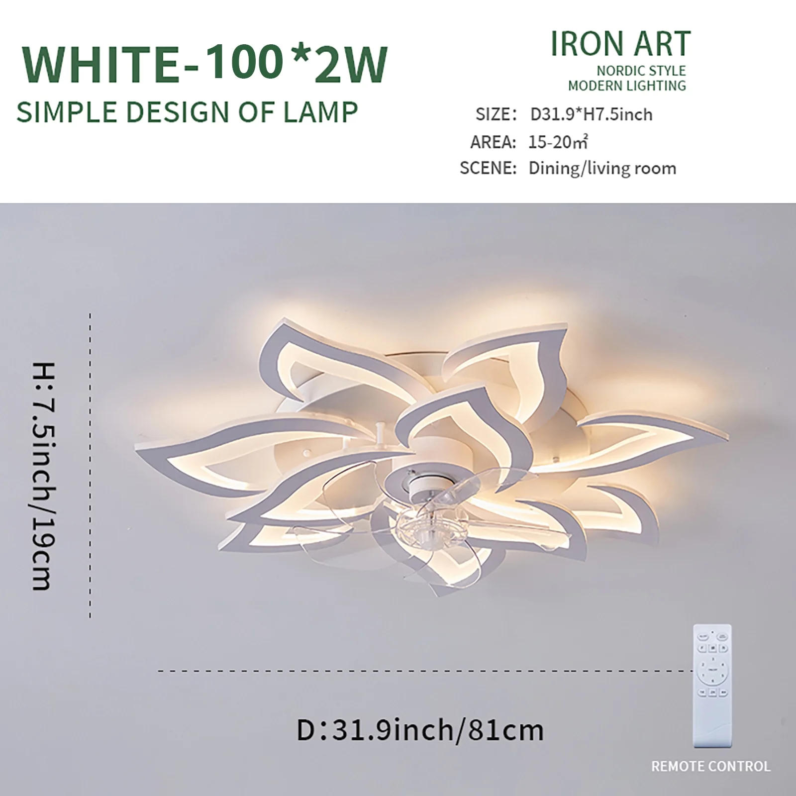 32in Ceiling Fans with Lights Remote Control 3 Color Temperatures,6 Gear Wind Speed Fan Light LED Low Profile Ceiling Light with Fan and Remote for Bedroom Children's Room Dining Room living room