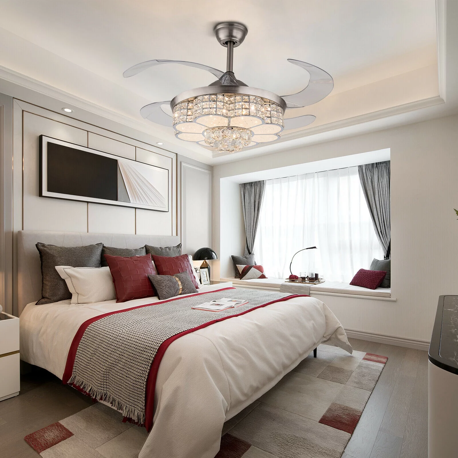 42'Modern Invisible Indoor Ceiling Fan With LED Light Ceiling light with Fan Chandelier Lamp pendent celling lighting lamp light fixture Remote Control 3 Fan Speeds 4 Retractable Blades