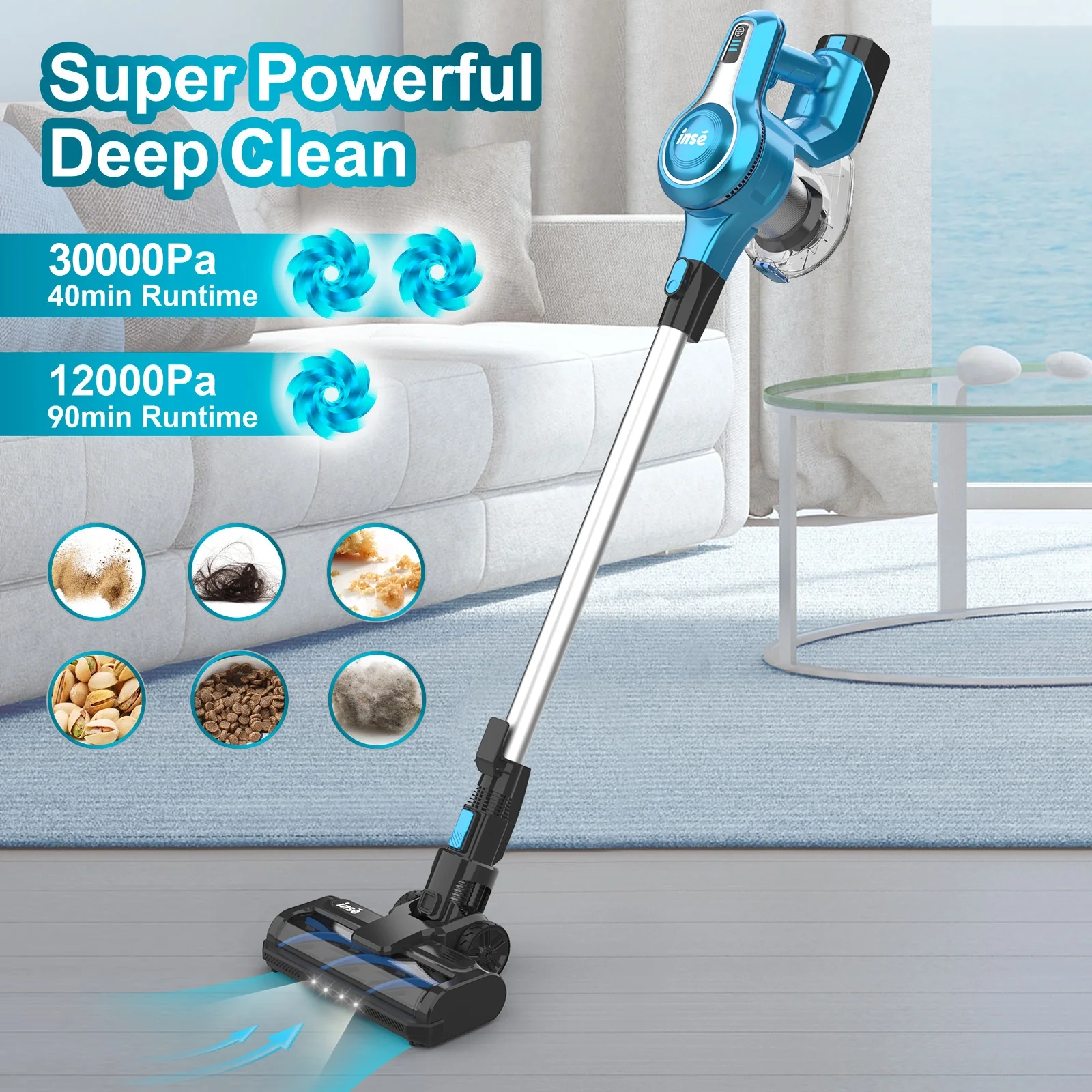 INSE Cordless Vacuum Cleaner with 2 Batteries, 8-in-1 Lightweight Stick Vacuum, Up to 90mins Run-time, 30kPa 300W Powerful Suction Rechargeable Battery Vacuum for Pet Hair Hardwood Floor Carpet