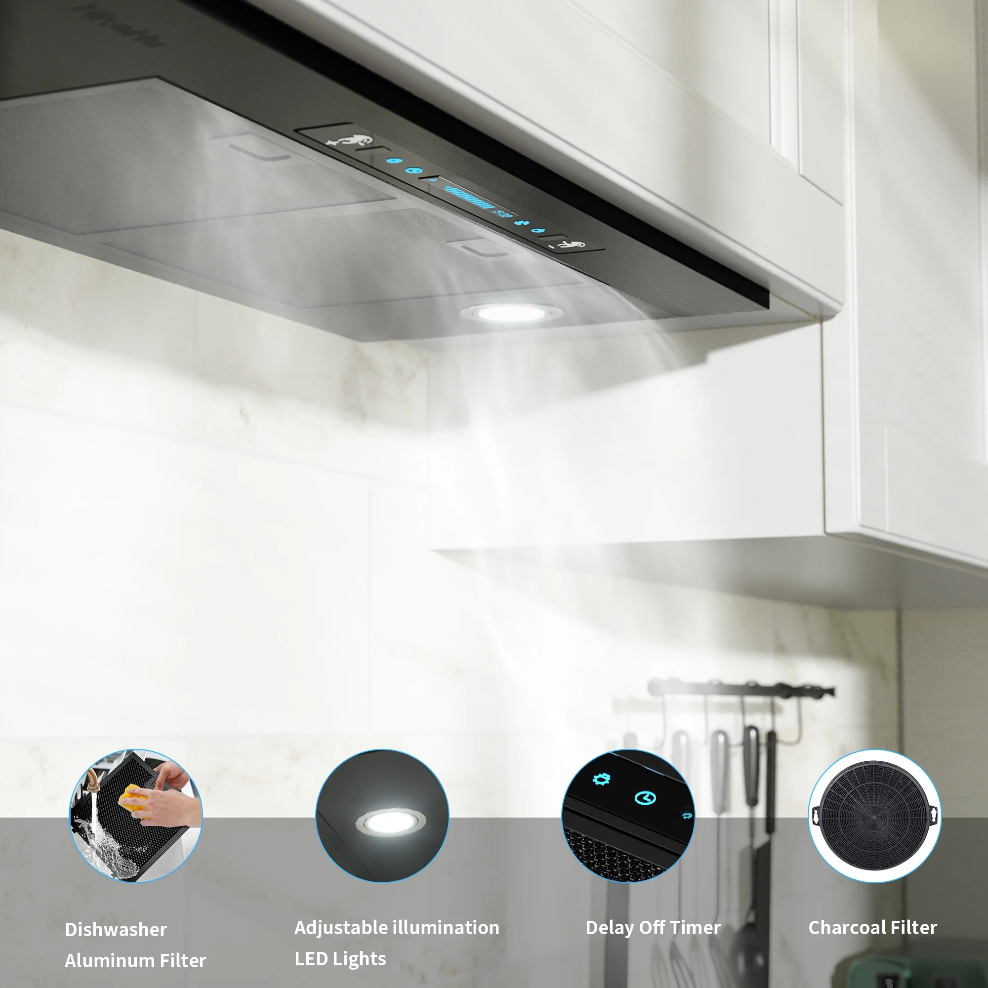 HisoHu Built-in/Insert Range Hoods 900 CFM, Ducted/Ductless Convertible Duct, Stainless Steel Kitchen Vent Hood with 2 Pcs Adjustable Lights and 3 Pcs Baffle Filters (black, 36 inch)