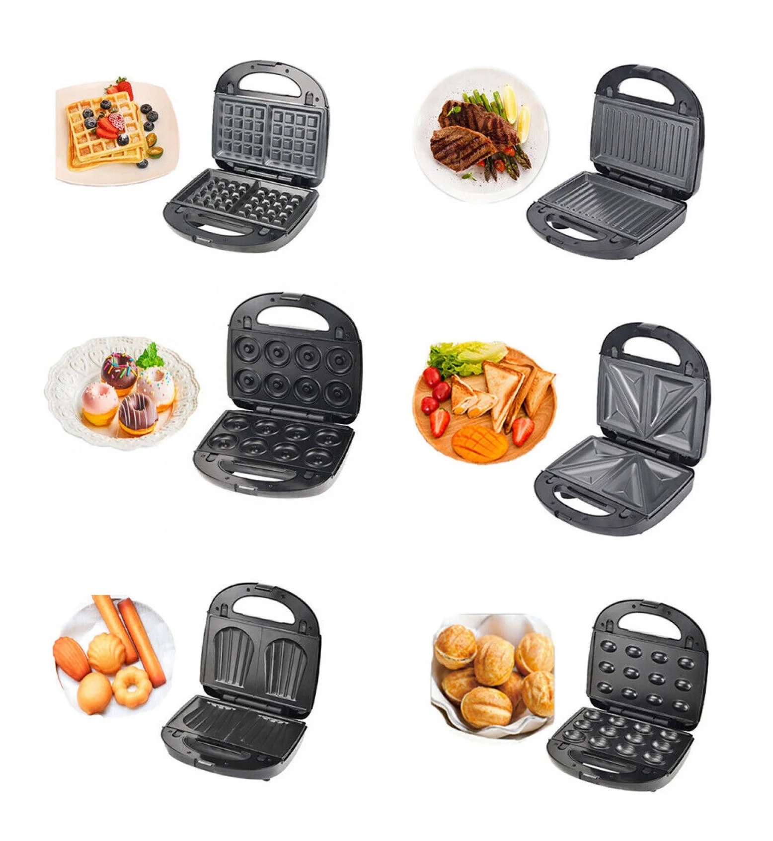 6 in1 Sandwich Maker Panini Press Waffle Iron Set w/6 Removable Non-Stick Plates