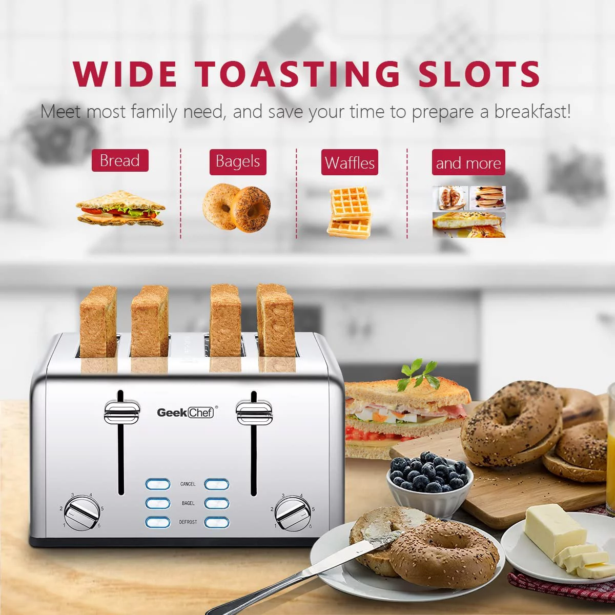 4 Slice Toaster, Stainless Steel Toaster with Extra Wide Slots Bagel, Defrost, Cancel Function, Dual Independent Control Panel, Removable Crumb Tray, 6 Shade Settings and High Lift Lever