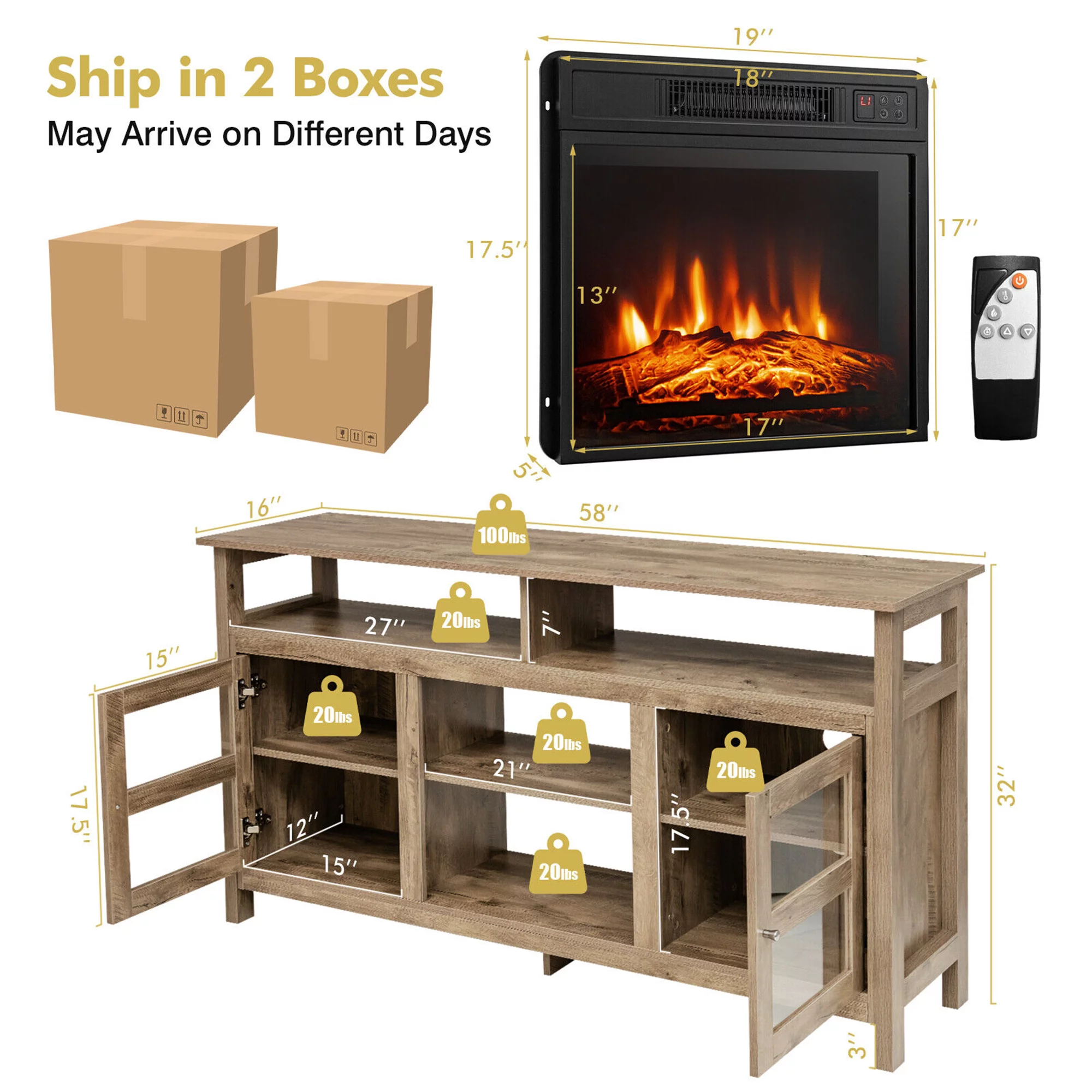 Gymax 58'' Fireplace TV Stand W/18'' 1400W Electric Fireplace up to 65'' Natural