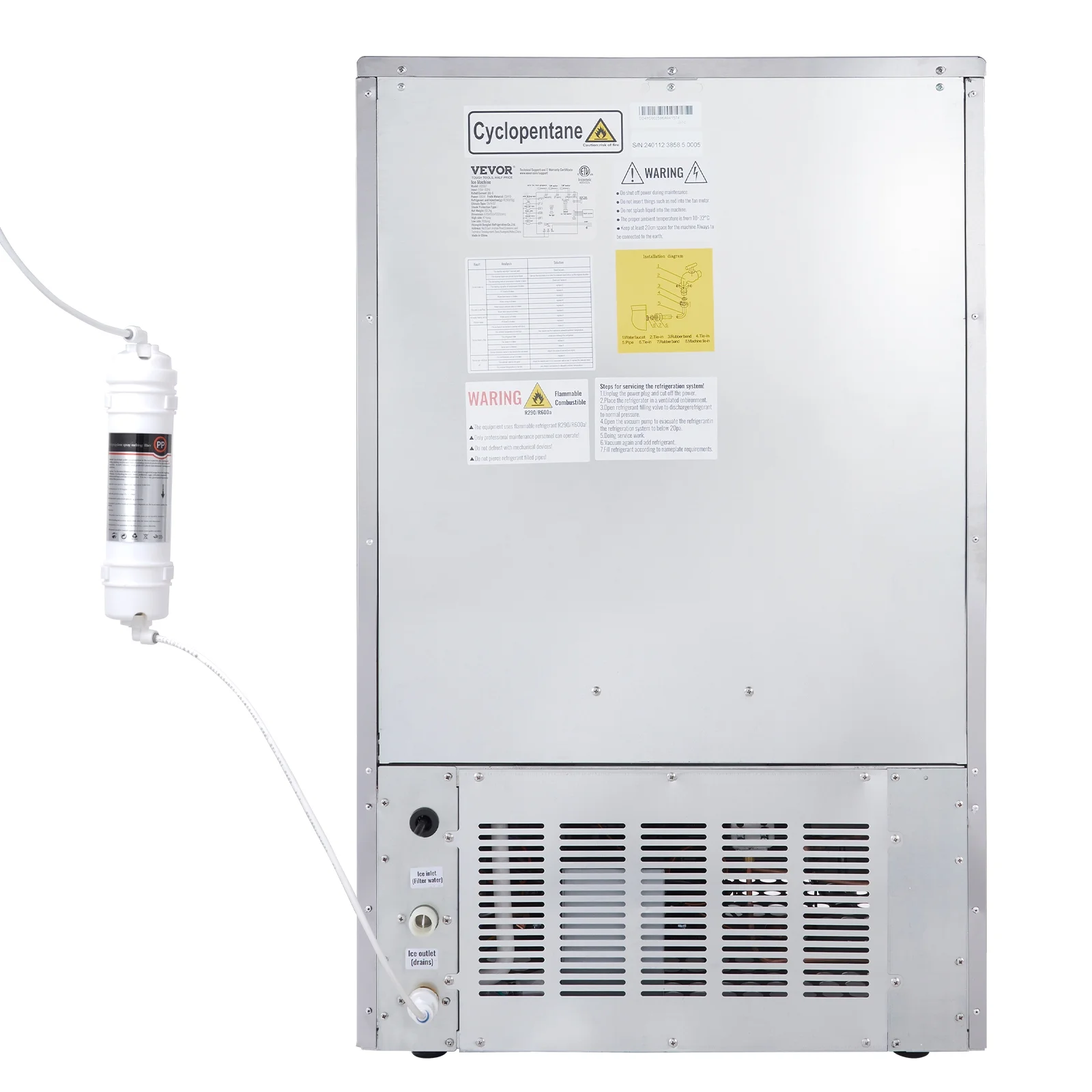 BENTISM 110V Commercial Ice Maker 265lbs/24h, 750W Commercial Ice Machine with 88lbs Storage Capacity, Stainless Steel Construction Ice Cube Making Machine, Includes Water Filter and Connection Hose