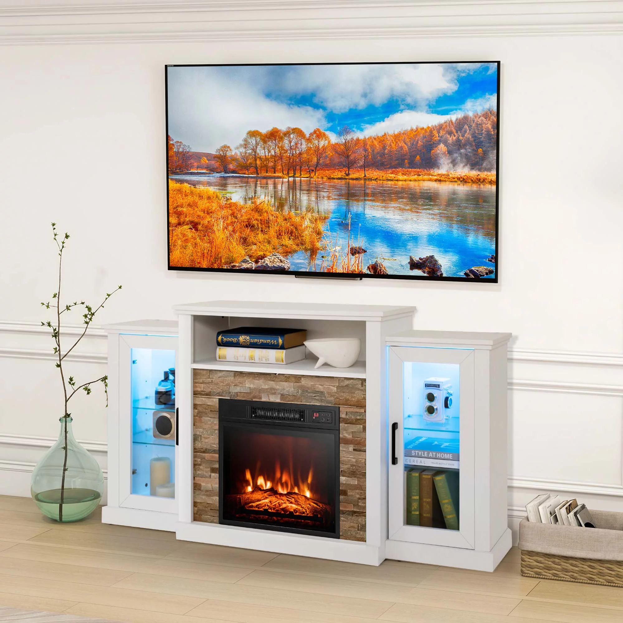Costway Fireplace TV Stand with Led Lights & 18'' Electric Fireplace For 65' Wall-Mounted TV White