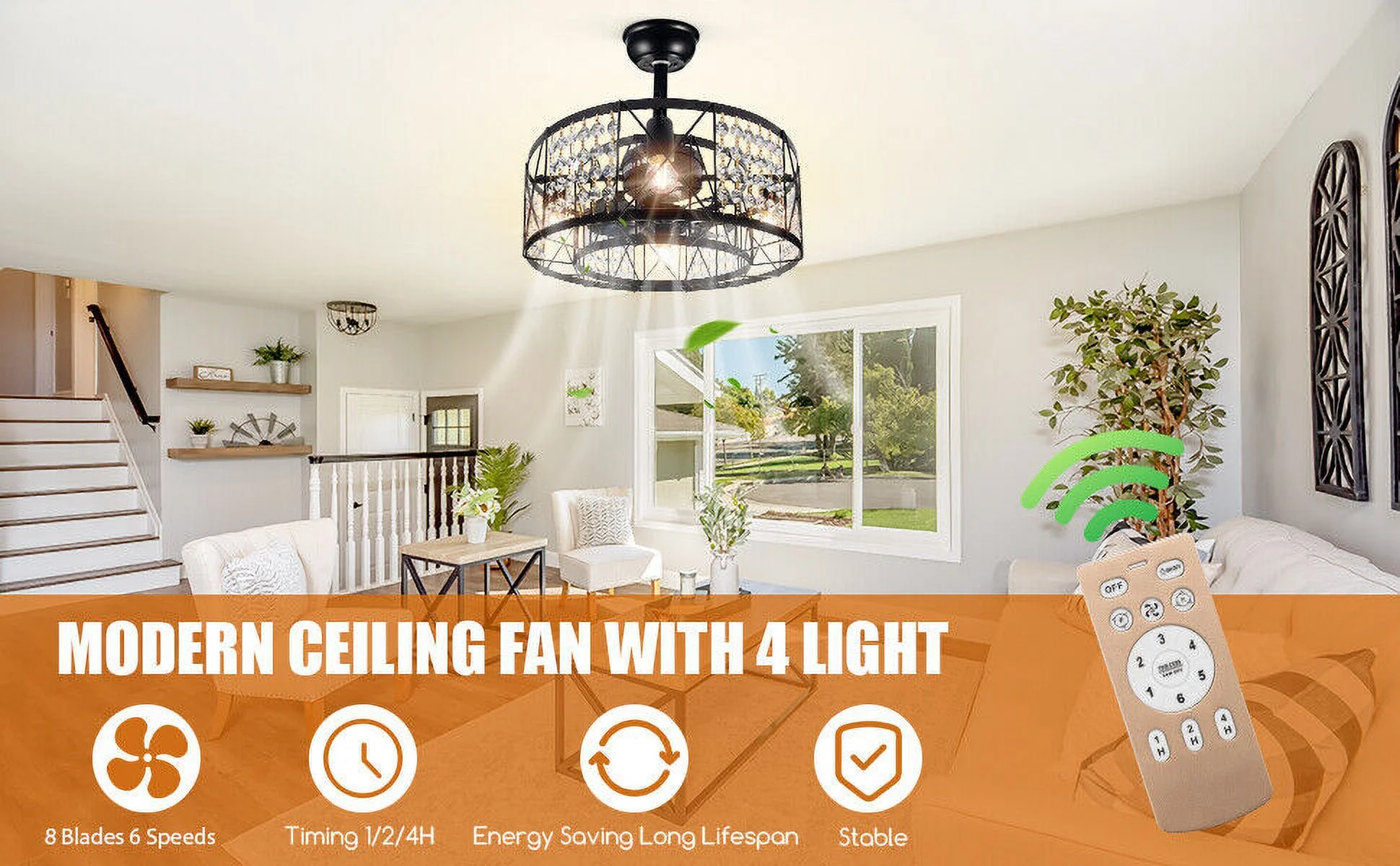 JahyShow Low Profile Caged Ceiling Fan with Lights Remote Control,Bladeless Ceiling fan 6 Speeds Adjustable Modern Enclosed Ceiling Fan Indoor with Reversible Motor Timing