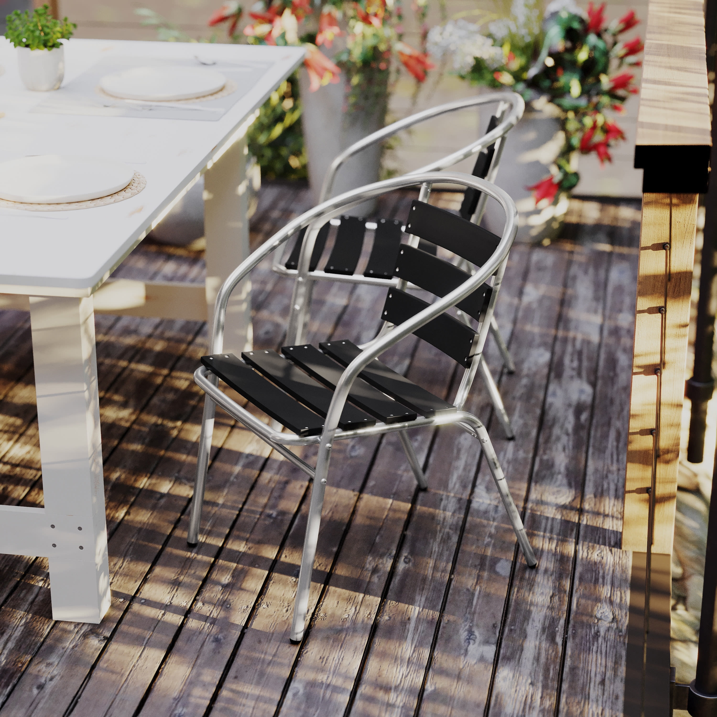 Flash Furniture Lila Commercial Metal Indoor-Outdoor Restaurant Stack Chair with Triple Slat Black Faux Teak Back