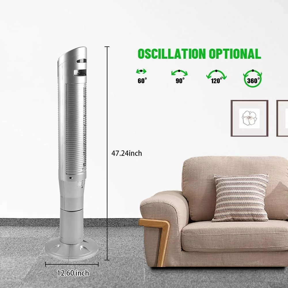 KISSAIR Tower Fan - Oscillation, Ionizer, Remote Control - Office/Home - Bladeless Floor Fan - 8 Wind Speeds, 47' (Silver)