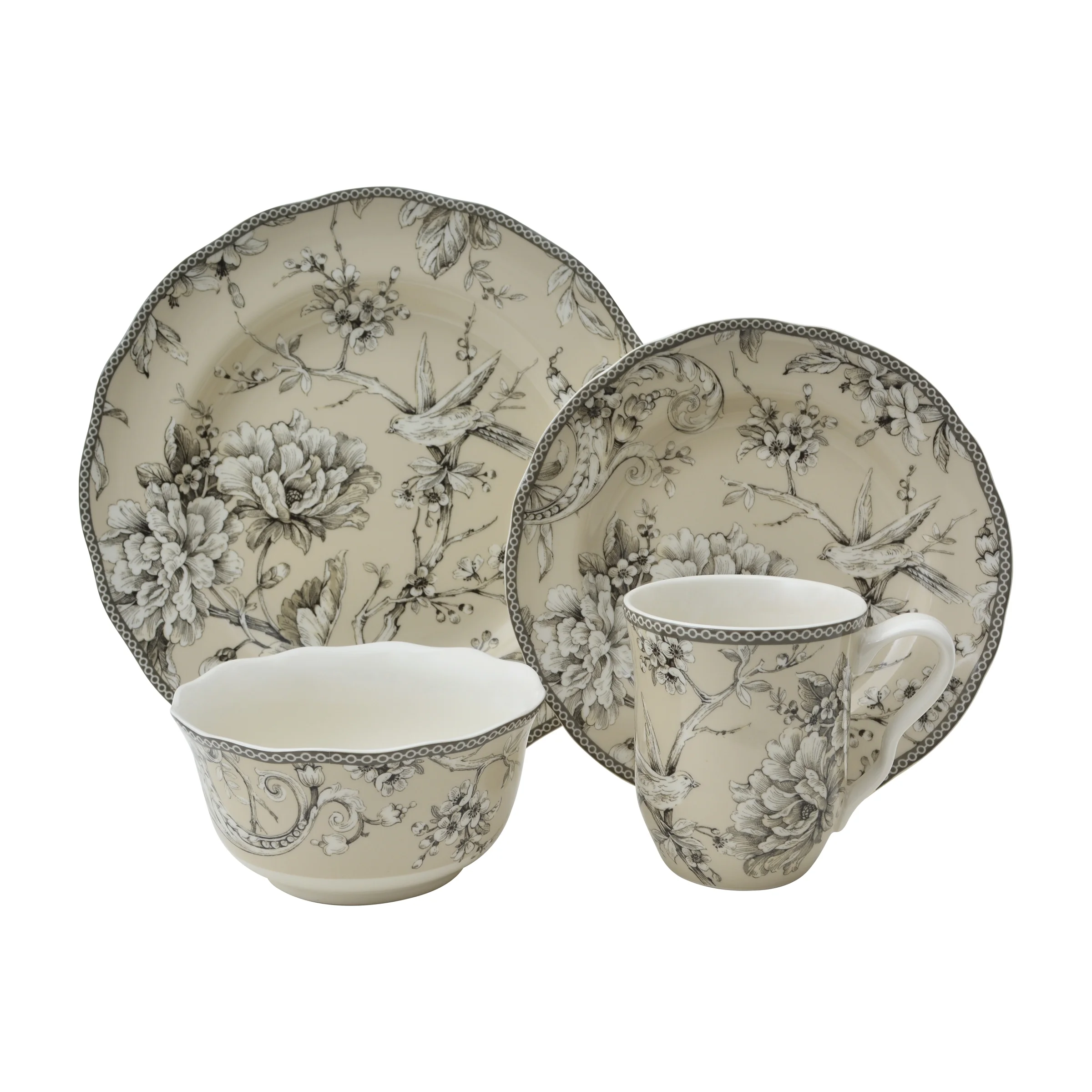 222 Fifth Adelaide Round Porcelain Dinnerware Collection, 16-Piece Set, White Toile