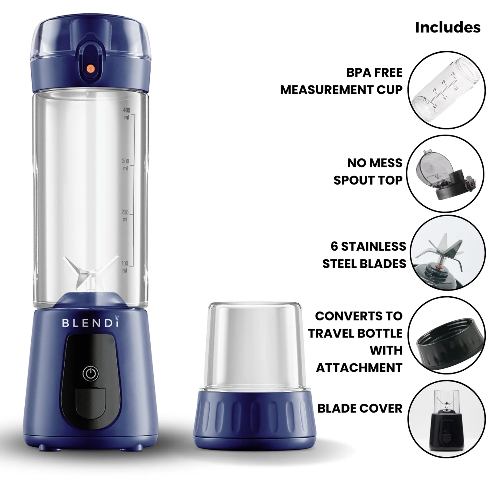 Blendi Pro Plus Premium Cordless Portable 17.5oz Rechargeable Blender, Navy