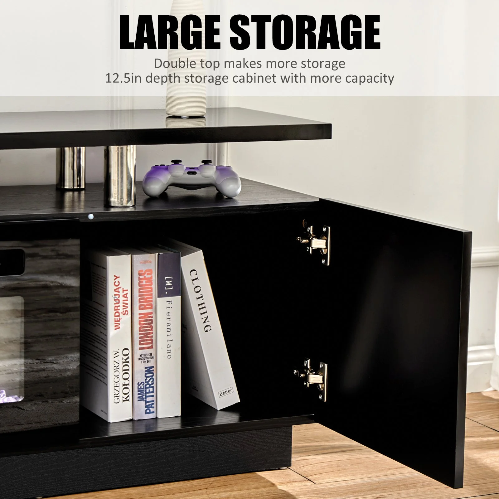 Amerlife Fireplace TV Stand with 36' Fireplace, Modern High Gloss Entertainment Center LED Lightsfor 80 Inch TV, Black