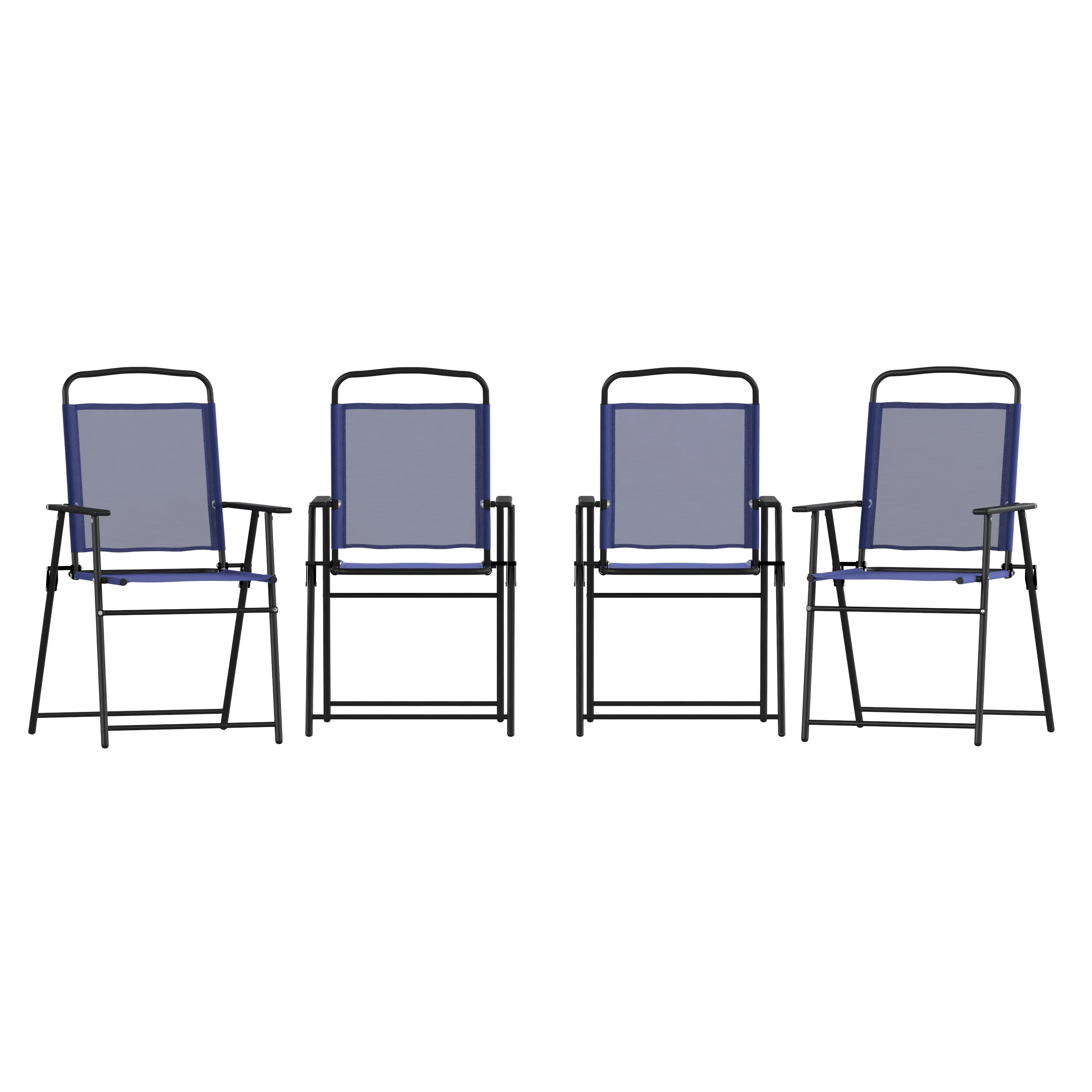 BizChair Set of 4 Folding Patio Sling Chairs, Outdoor Textilene Lawn Chairs with Armrests in Navy